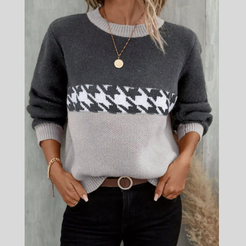 Color Block Houndstooth Sweater - ZKZOOK