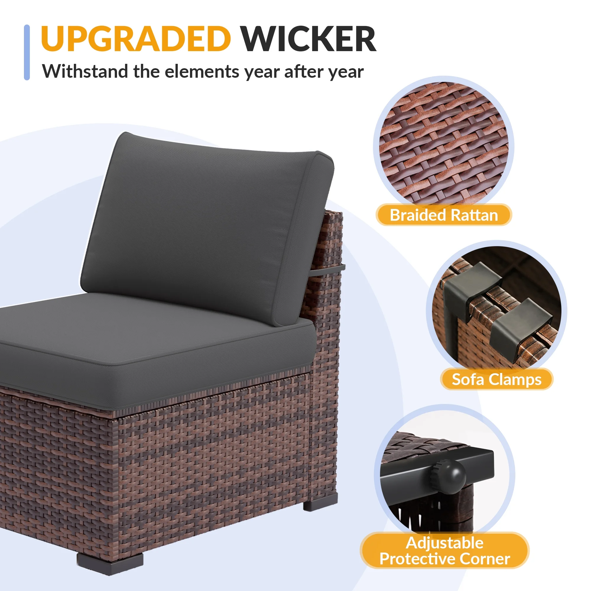 ELPOSUN 7 Pieces Patio Furniture Set, Outdoor Furniture Sectional Rattan Sofa for Backyard Garden Dark Grey - Image 7