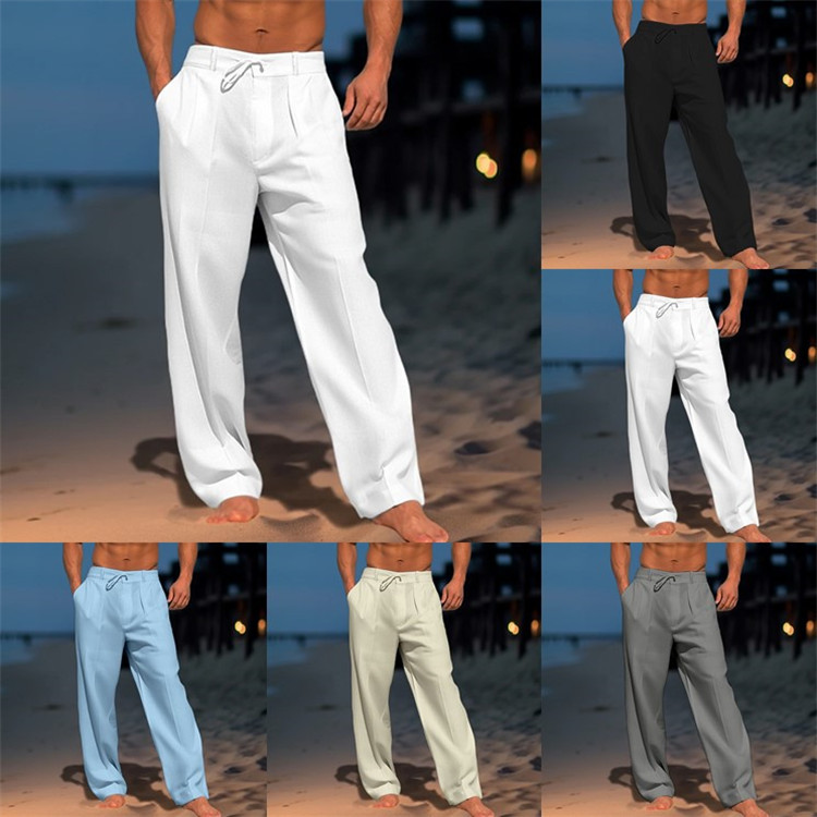 Men's Linen Trousers Summer Beach Pants with Front Pocket, Solid Color, Comfortable, Breathable, Casual, Basic Style for Daily Vacation