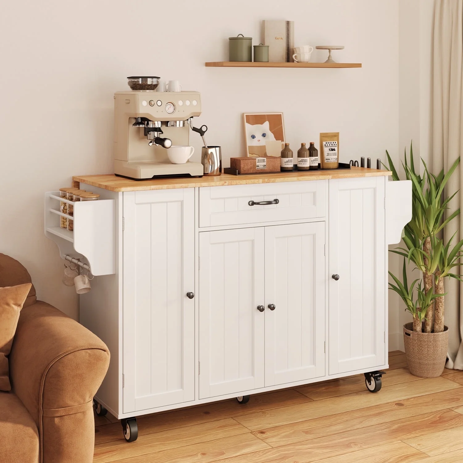 Noelse Kitchen Island with Storage, Island Table for Kitchen with Drop Leaf, Spice Rack, Towel Bar for Small Kitchens, White - Image 14