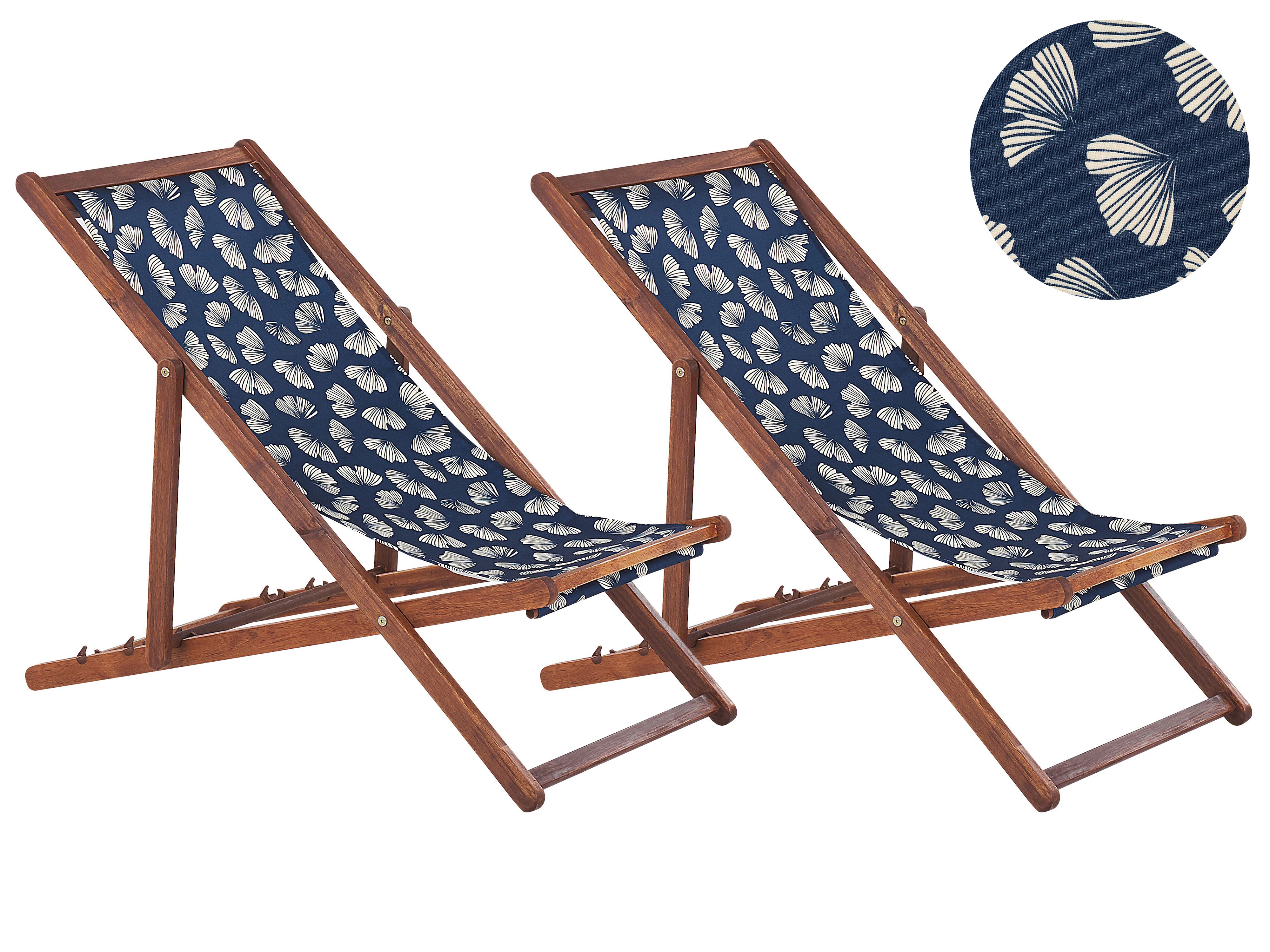 Set of 2 Folding Deck Chairs ANZIO with Replacement Fabrics Floral Motif Acacia Wood Dark Brown