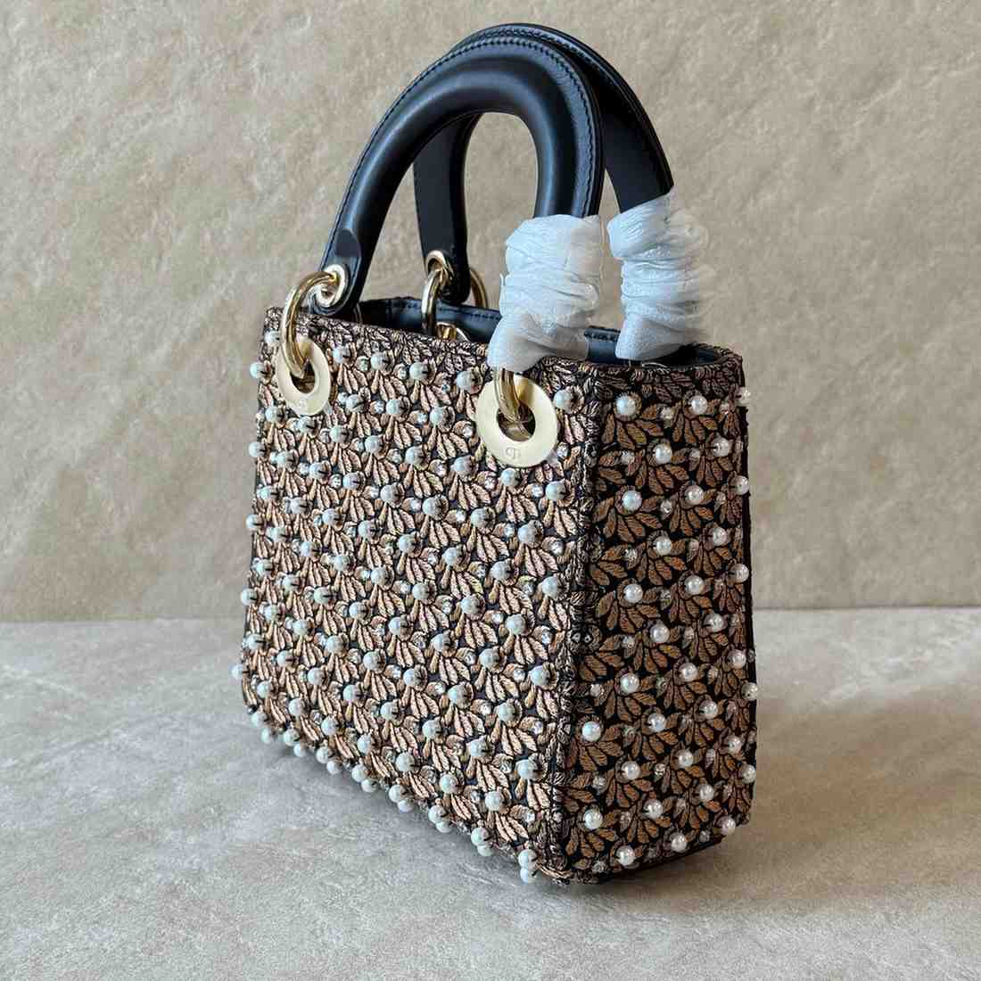 Dior Mini Lady Dior Bag Cotton Embroidered Resin Pearls Crystals Bags In Dubai