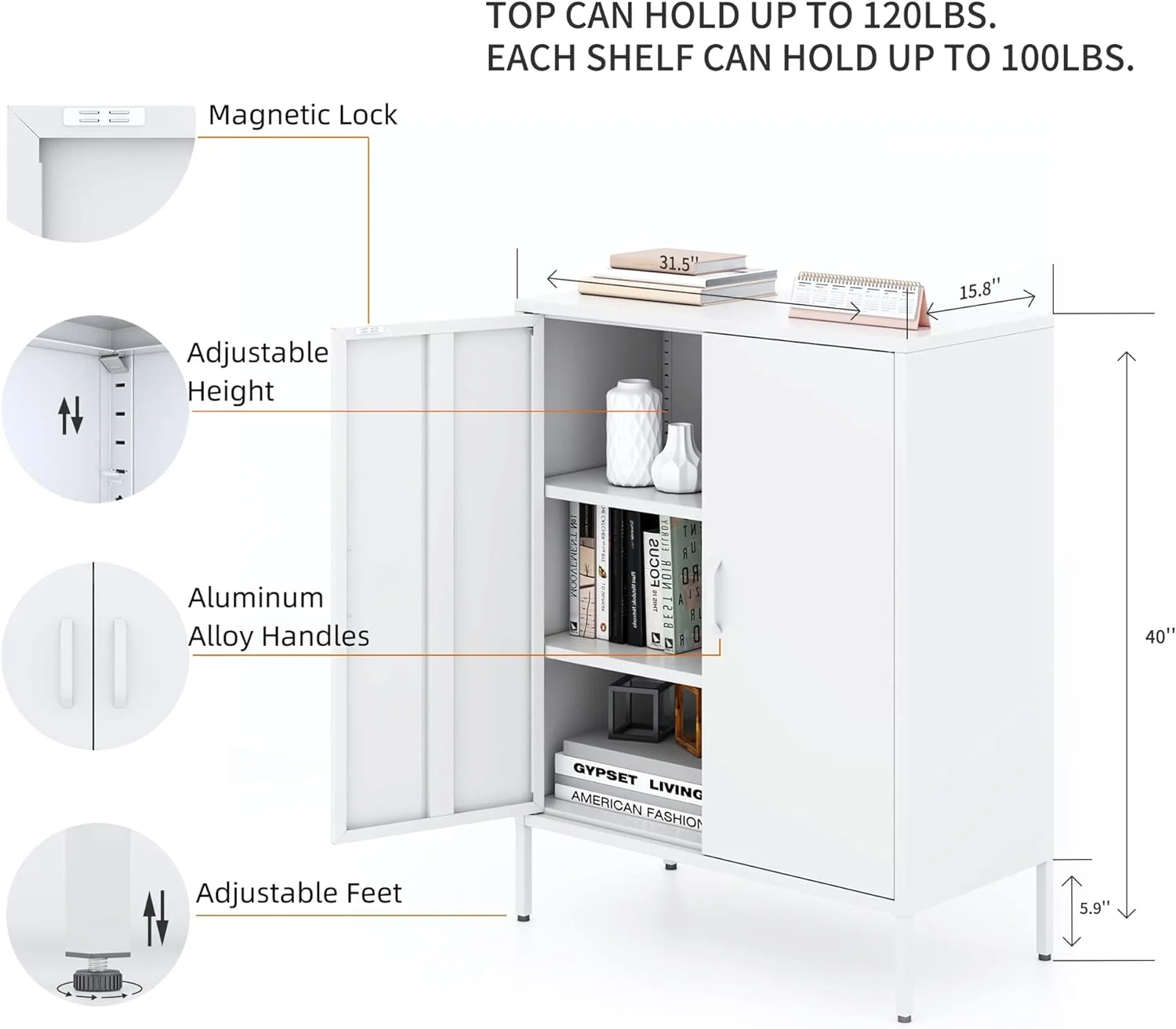 White Metal Cabinet with Doors and Shelves,Metal Locker Storage Cabinet with Leg,3-Tier Office Cabinet,Metal Shelf Cabinet for Home Office,Bathroom,Coffee Bar,Balcony