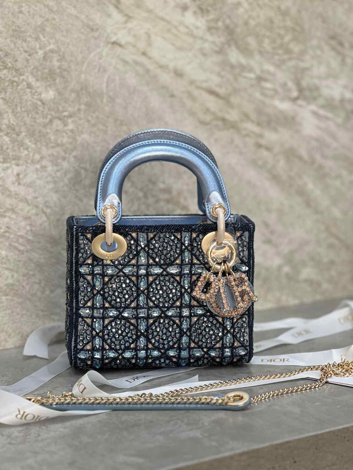 Dior Mini Lady Dior Bag Satin Embroidered with Pearls