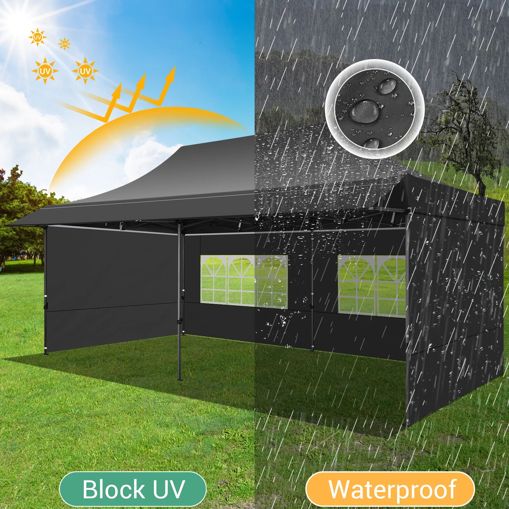 COBIZI 10x20 Pop Up Canopy Heavy Duty Party Tent with Removable Awning and Sidewalls,Easy Up Outdoor Wedding Canopy,Gazebo All Season Windproof&Waterproof with Roller Bag UPF 50+,Black - Image 4