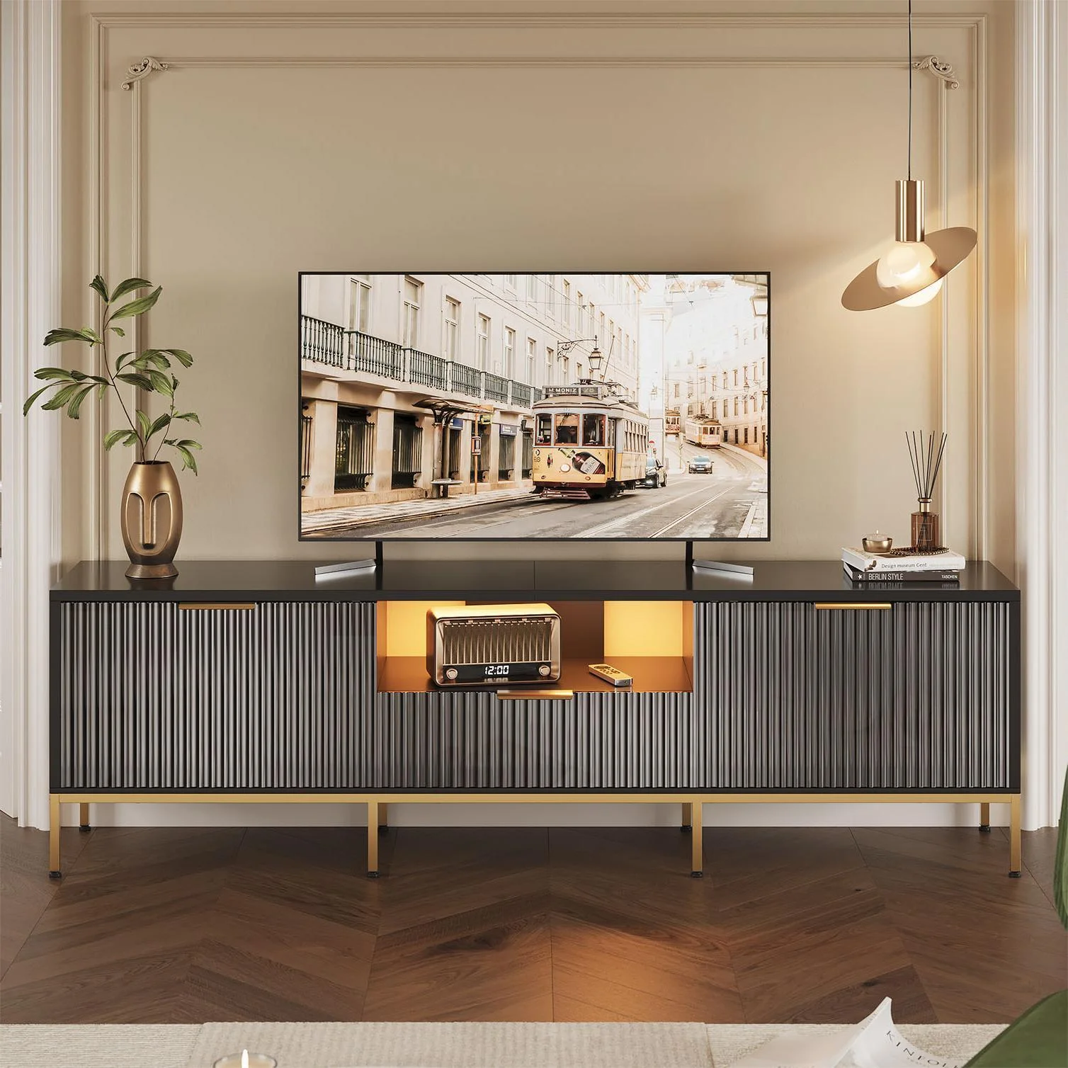 Bestier 55" LED TV Stand for TVs up to 60" Modern High Gloss Entertainment Center with Drawers Cabinets Fluted TV Console, White & Gold - Image 31