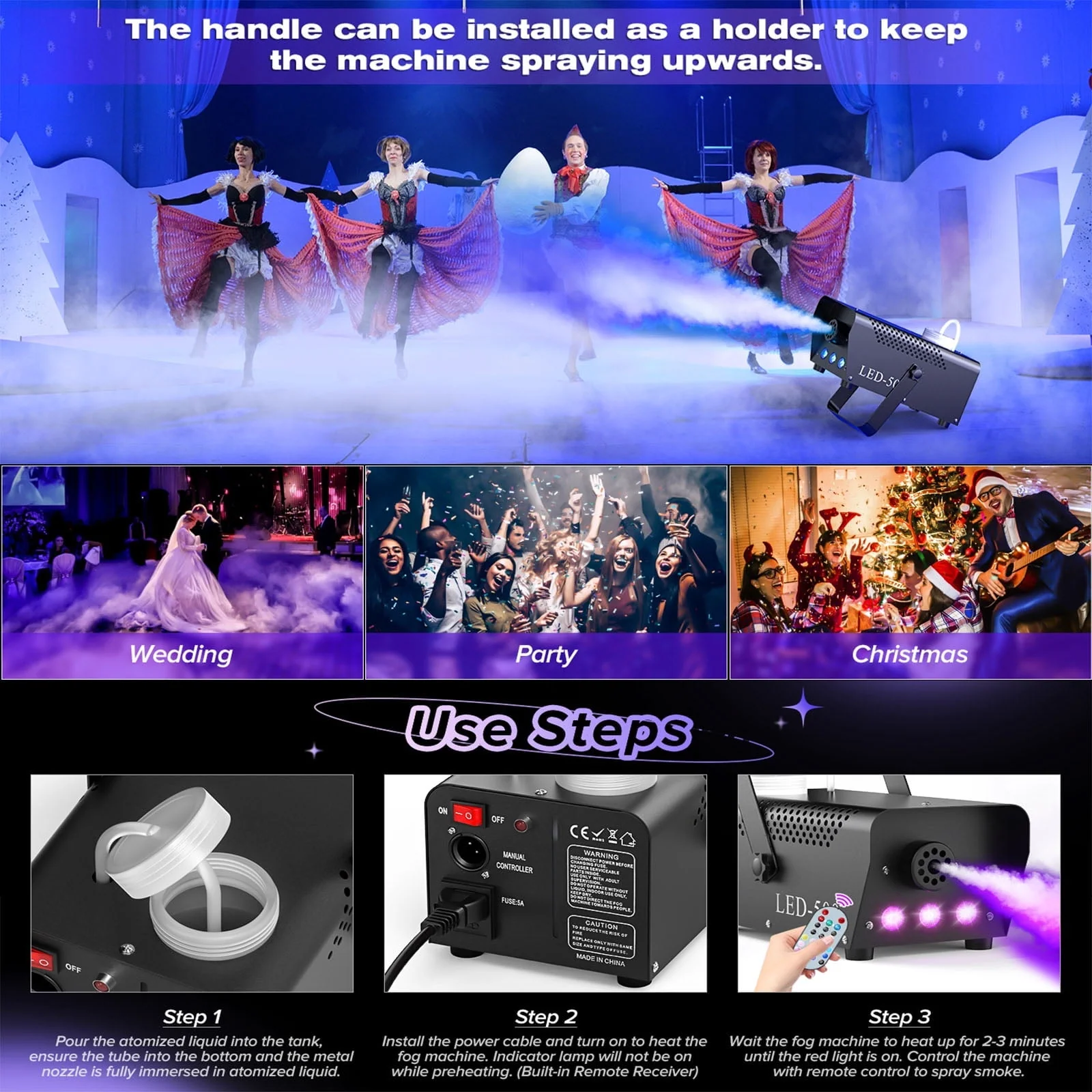 500W Fog Machine with RGB LED Lights, Remote Control, 3000CFM, 15 Lighting Effects for Wedding, DJ, Party, Concert, Halloween - Image 6 500W Fog Machine with RGB LED Lights, Remote Control, 3000CFM, 15 Lighting Effects for Wedding, DJ, Party, Concert, Halloween - Image 6