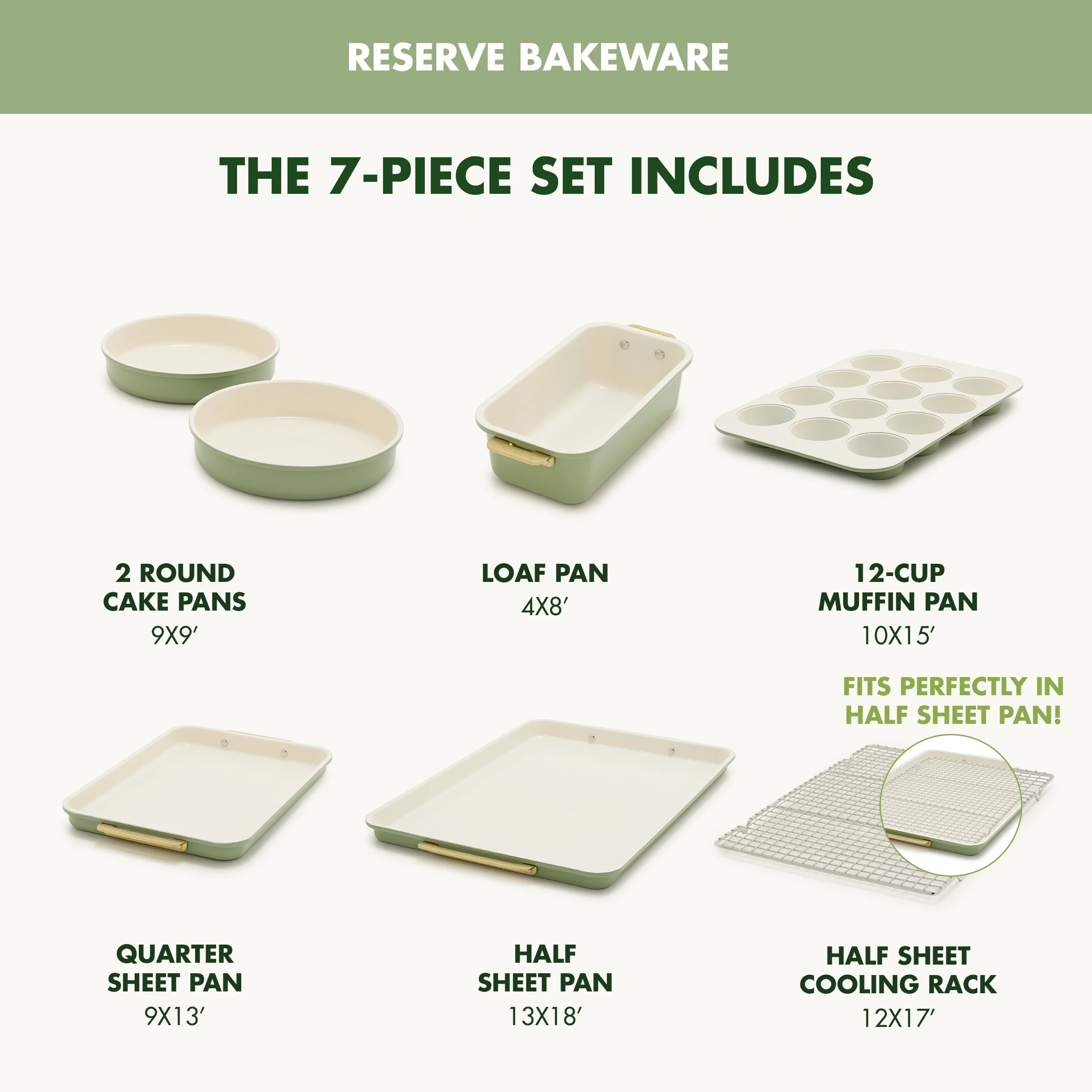 GreenPan Bakeware Set, 7 Piece Nonstick Ceramic Baking Sheets, Cake Pans, Loaf Pan, Muffin Tin, Cooling Rack, Green - Image 8