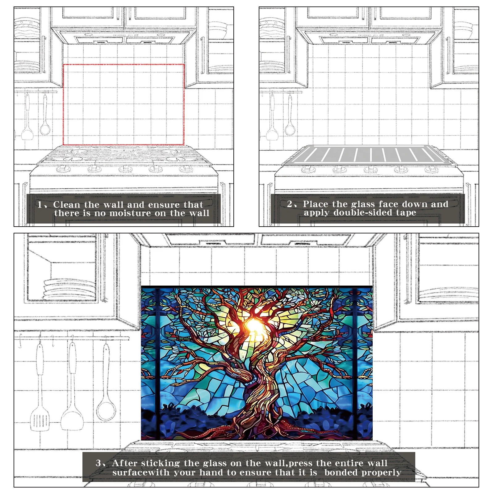 Mosaic Tree of Life Tempered Glass Backsplash For Kitchen Behind Stove,Stove Back Top Cover,Easy to Clean Glass Splashback, Sink Cover Splash Guard,Home Kitchen Wall Decor - Image 6