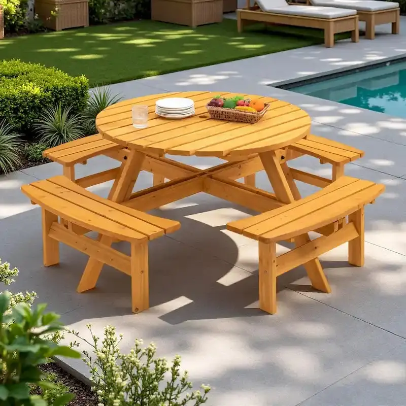8-Person Fir Wood Round Picnic Table Set With 4 Built-In Benches And Umbrella Hole - Image 3 8-Person Fir Wood Round Picnic Table Set With 4 Built-In Benches And Umbrella Hole - Image 3