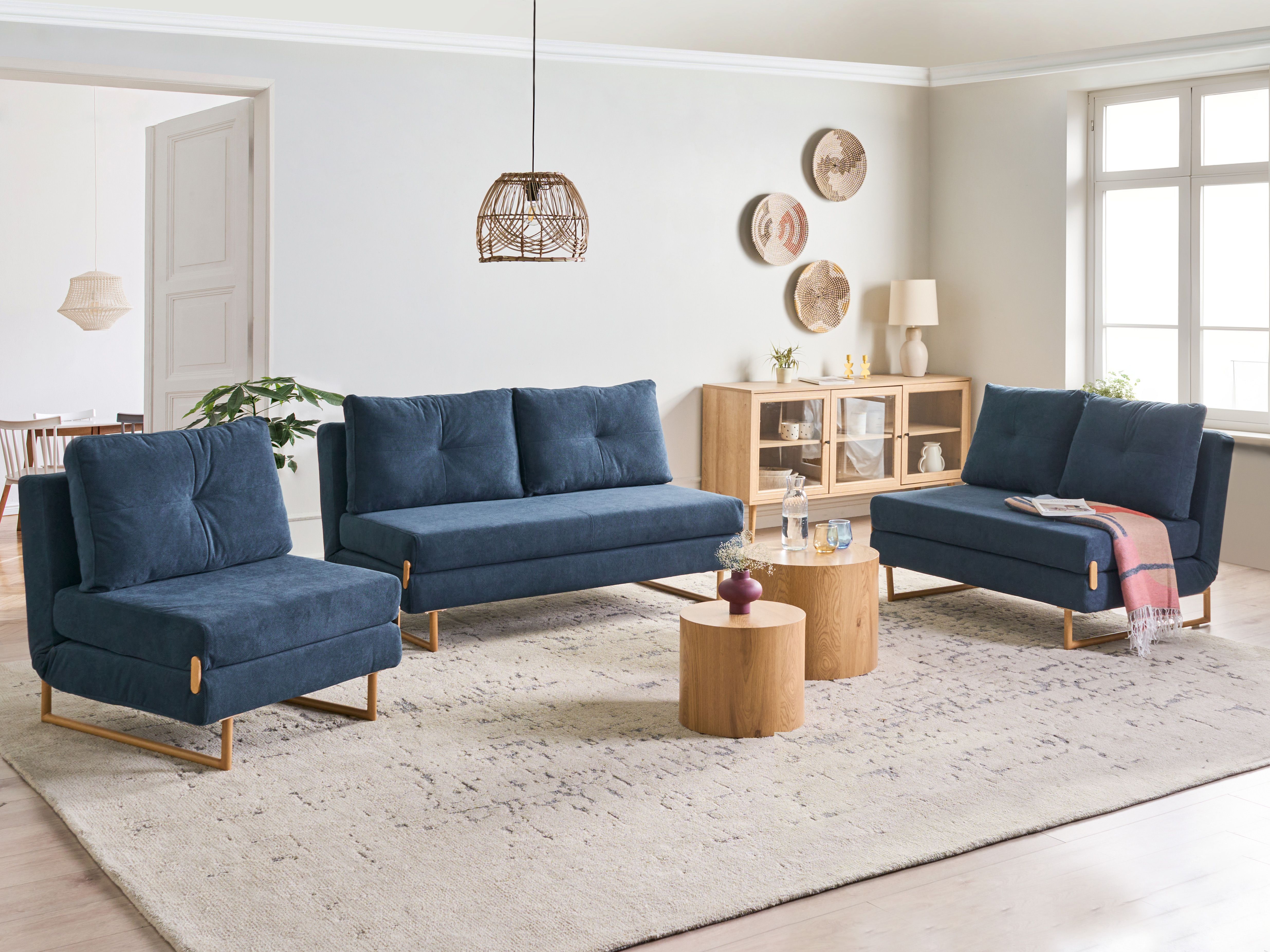 Living Room Set 6 Seater JERSLEV Fabric Blue
