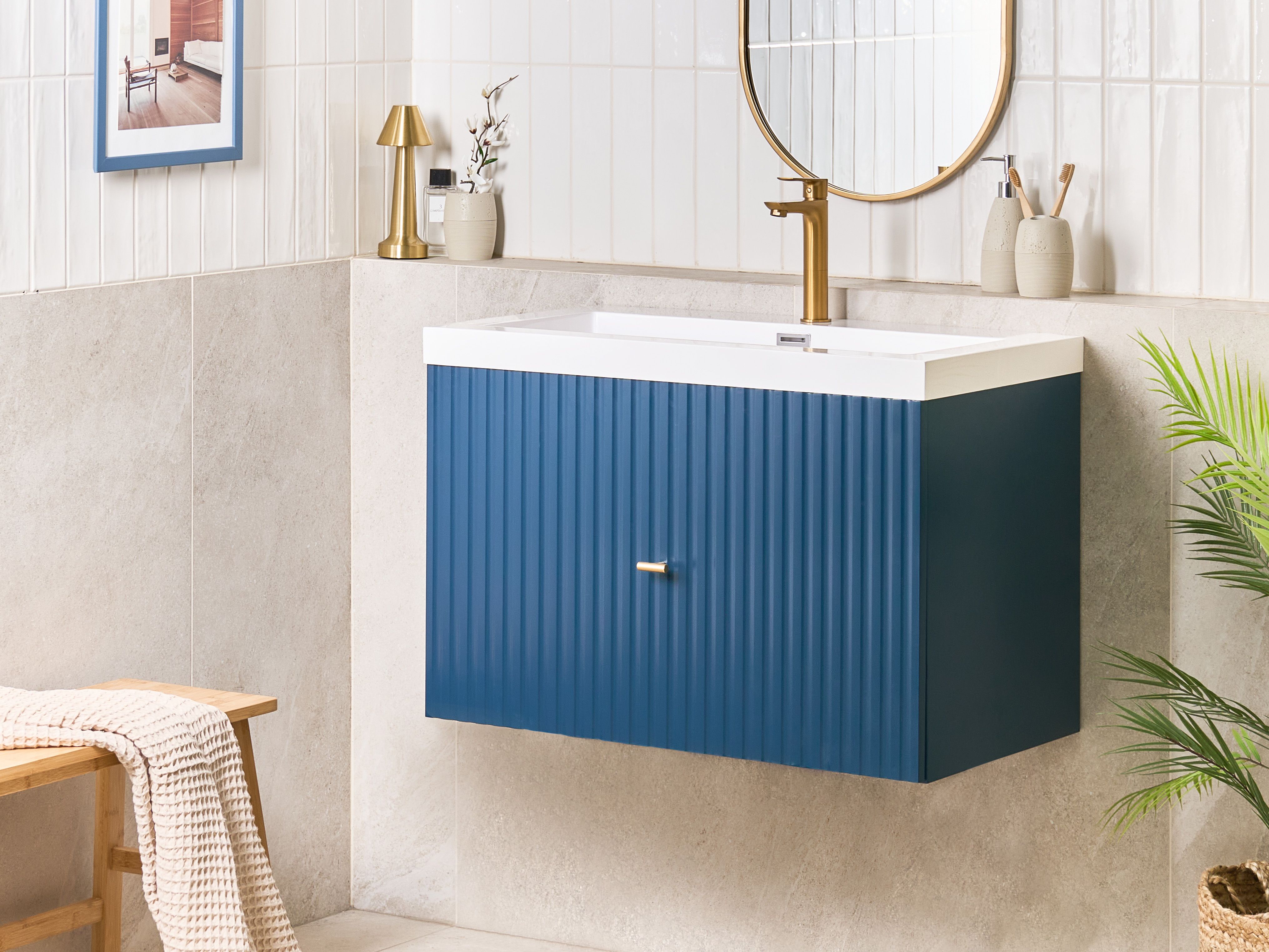Wall Mounted Vanity Unit with Basin with Gold Handle LAGO Dark Blue