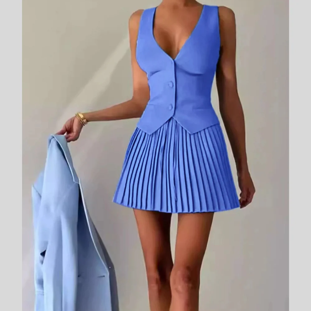 Button Up Vest and Pleated Mini Skirt Set - ZKZOOK