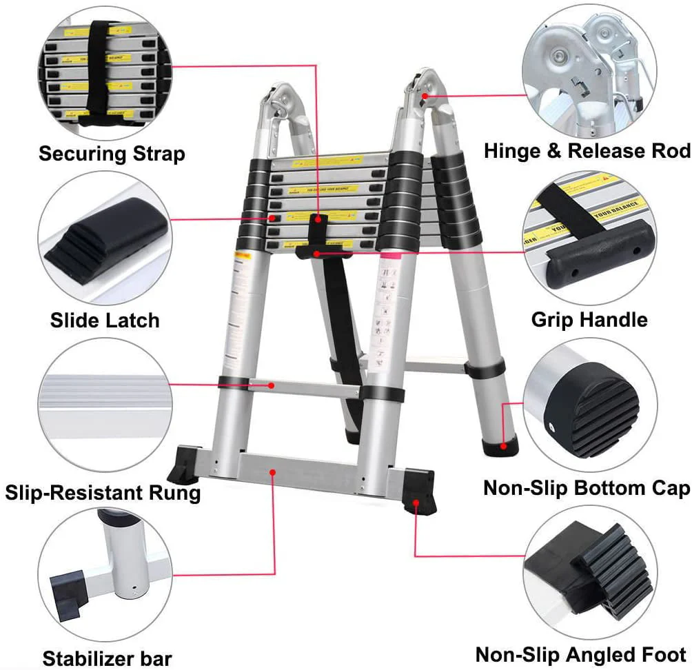 Bowoshen Telescopic Loft Ladder 16.5Ft Extendable Collapsible Step Ladders Securing Bolt 330lb Loading EN131 Certified - Image 2
