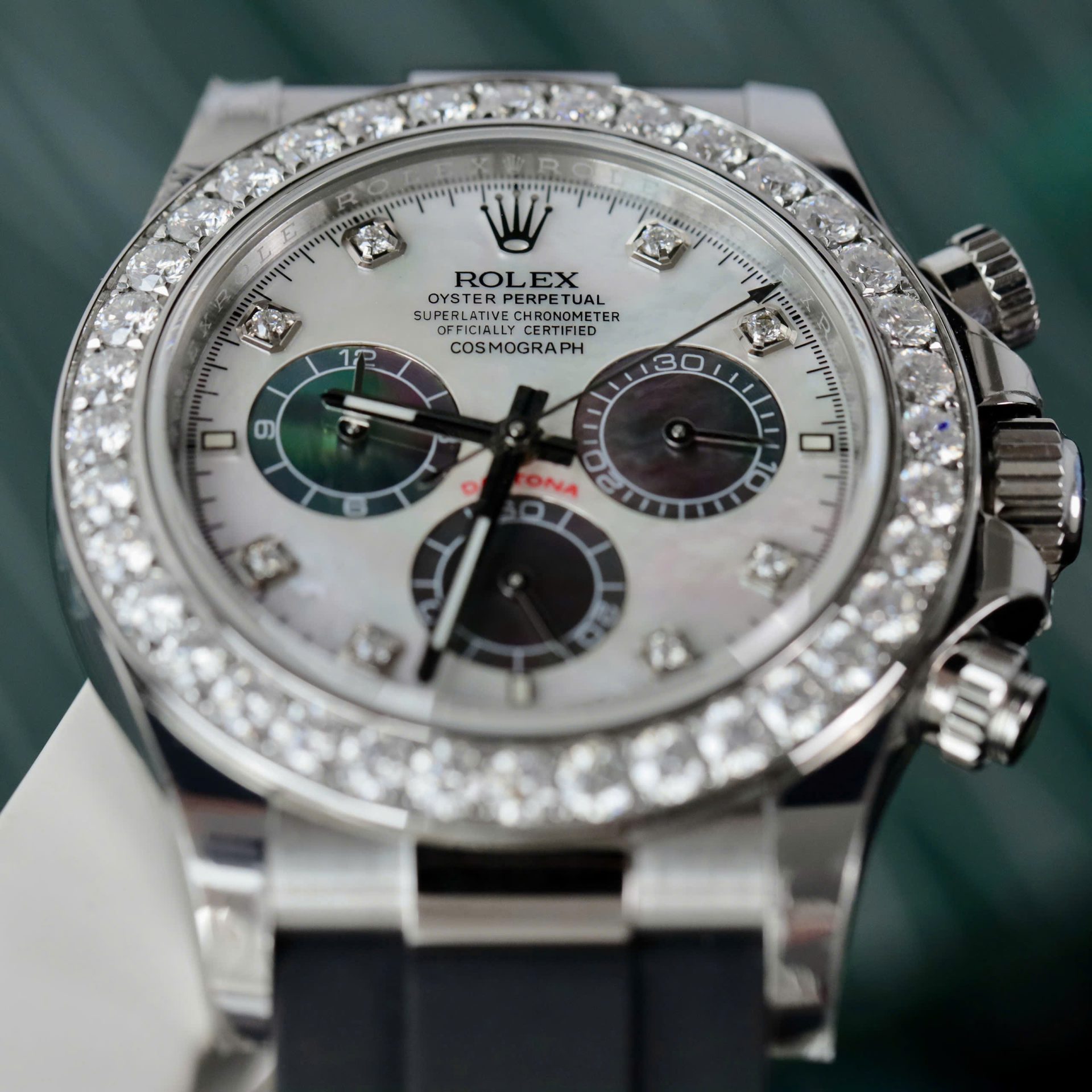 Rolex Daytona Dial MOP Replica Watch Number Pile + Bezel Diamonds Moissanite Custom 40mm - Elite Watch Atelier