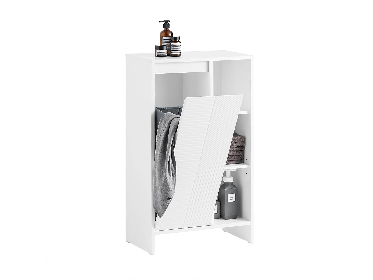SoBuy BZR156-W Armoire à Linge avec Sac à Linge, Meuble Bas de Salle de Bain avec 1 Panier à Linge, 3 Étagères Ouverts