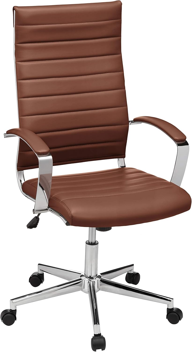 Amazon Basics High-Back Swivel Office Chair with Lumbar Support, Ergonomic Ribbed Faux Leather, Adjustable Height, 24.75
