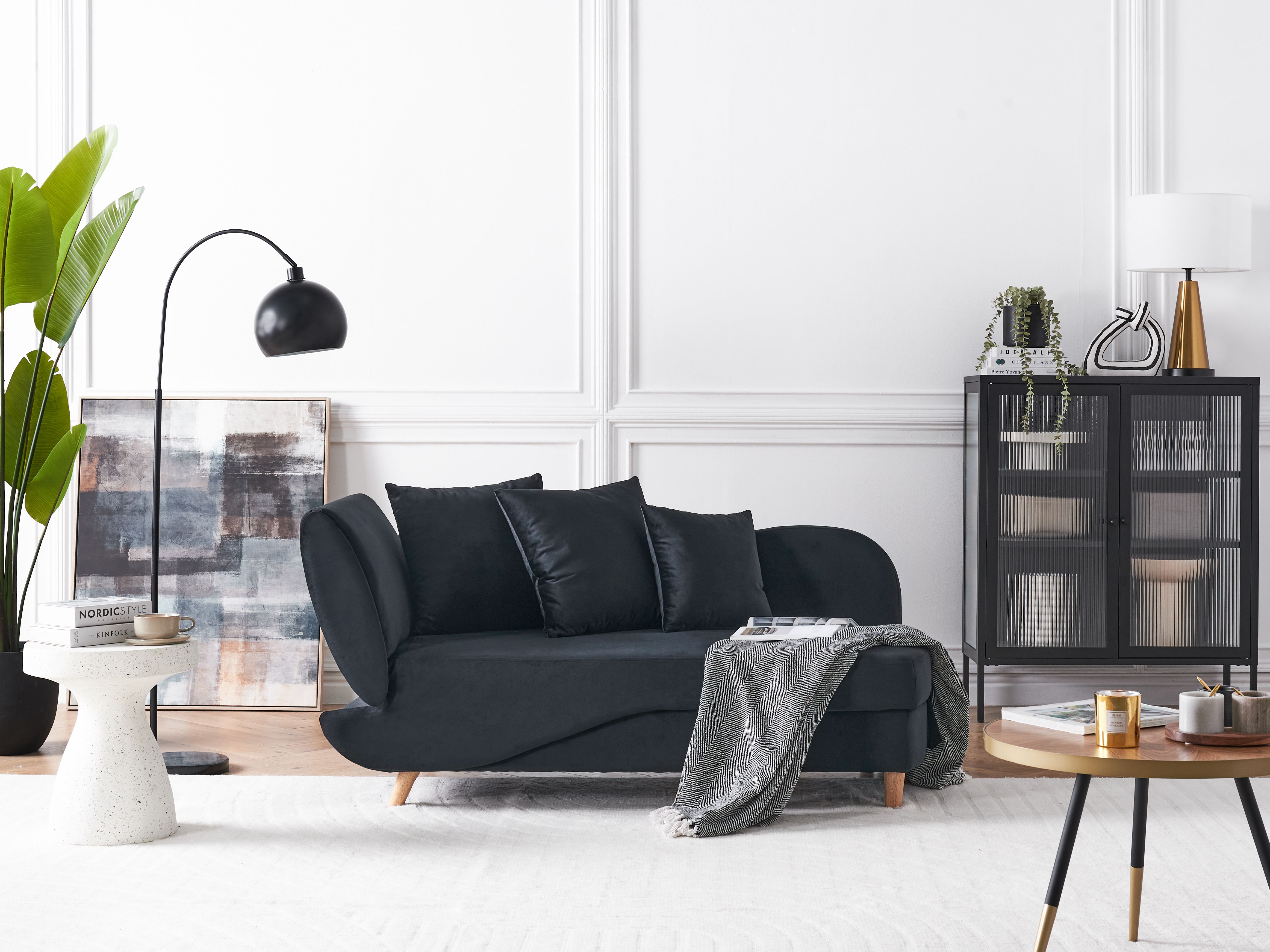 Left-Hand Chaise Lounge MERI Velvet Black with Storage