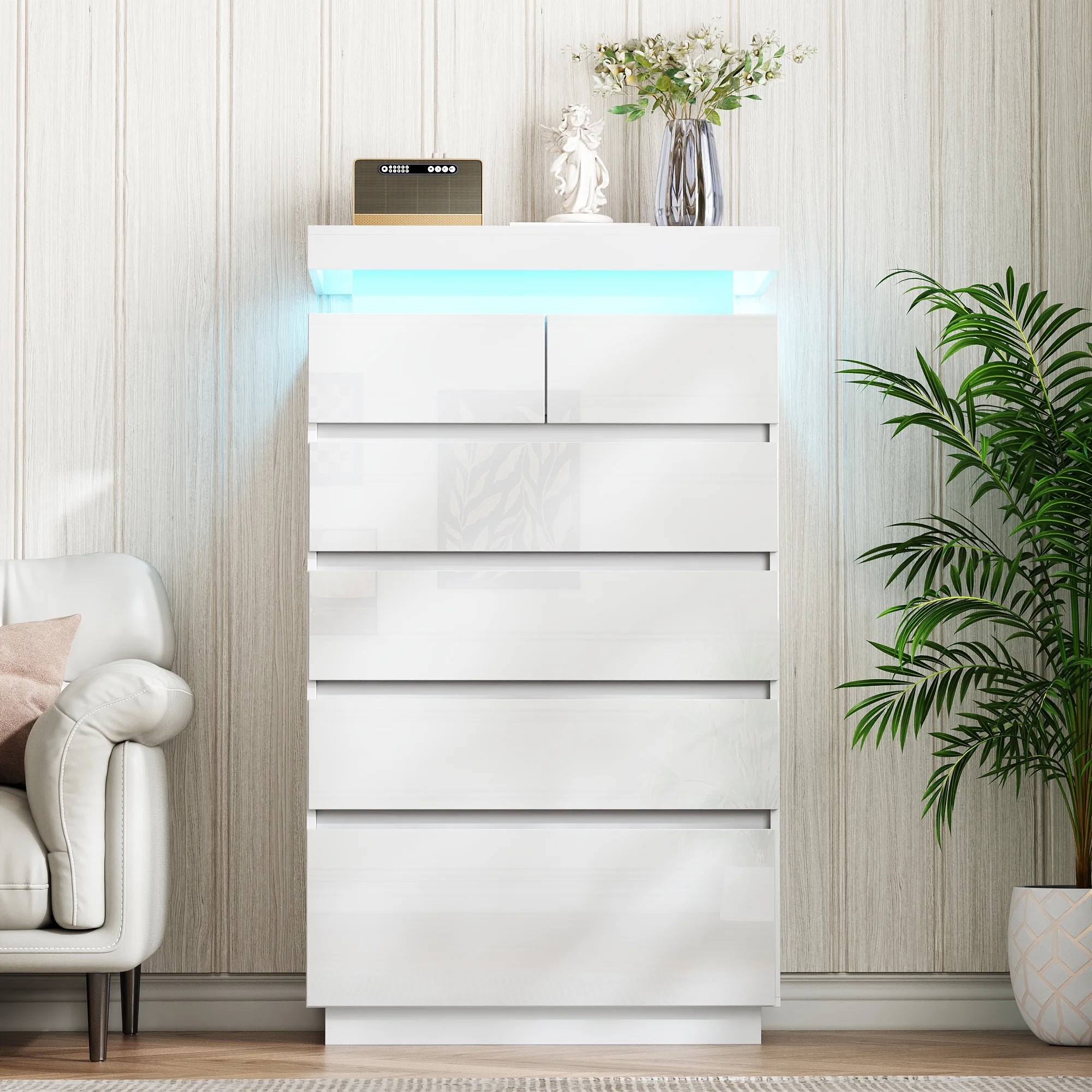 NEGYLIM 6 Drawer White Dresser, High Gloss Dresser with LED Light for Bedroom, Living Room, Hallway, Easy Assembly - Image 10