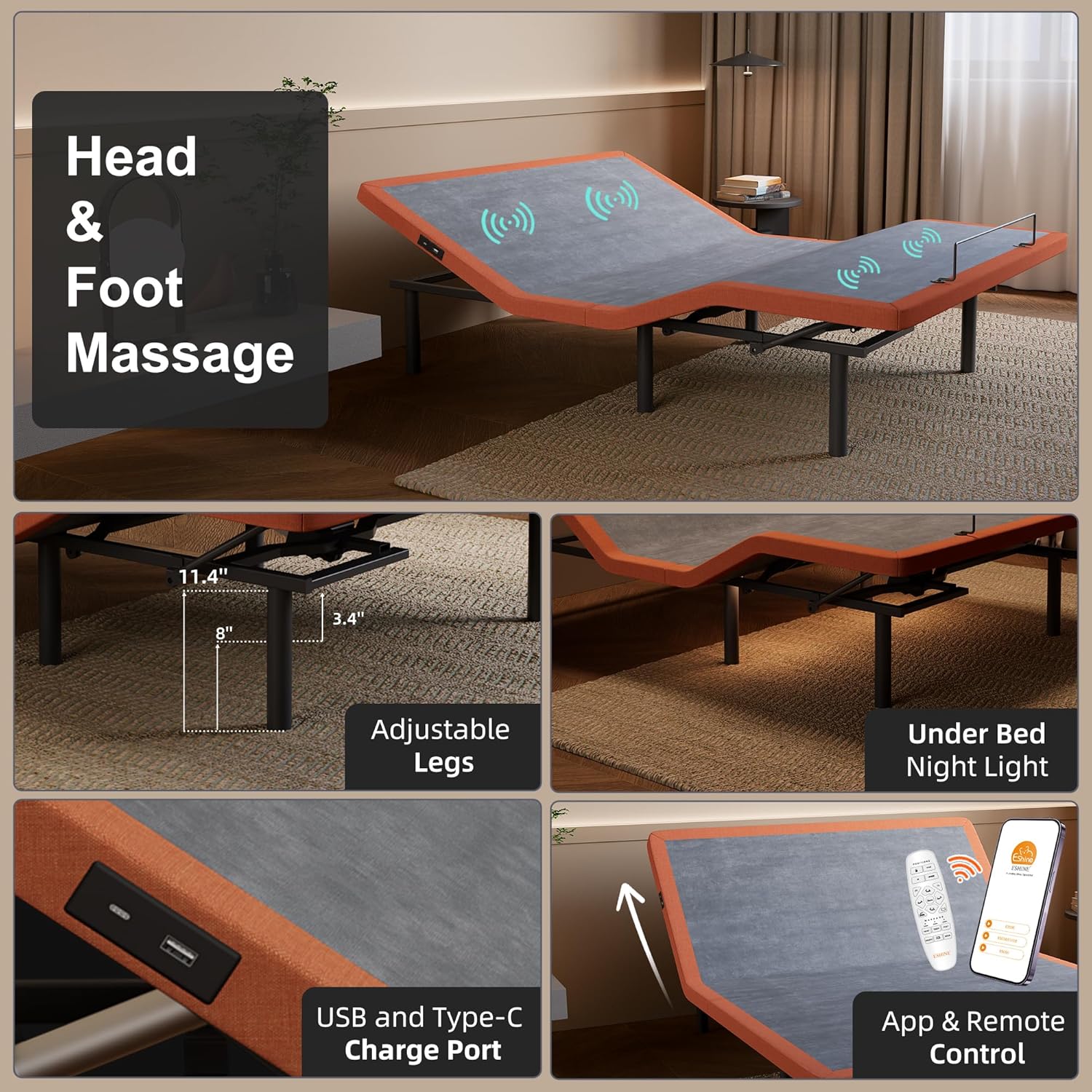 Queen Adjustable Bed Frame + 12” Hybrid Matt, Bed Base with Massage, Pillow-tilt, Smart APP Control, Ergonomic Incline, Zero Gravity, Dual USB Port, Under Bed Light, Wireless Remote, 5000 Series