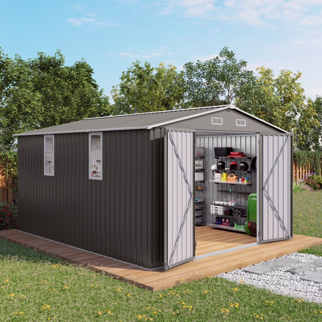 10 x 8 FT Outdoor Storage Shed, Large Metal Storage Shed, Lockable Door and Air Vent, Clear Window Garden Tool Shed for Bicycles, Tools, Lawnmowers, Backyards, Patios, Lawns - Gray - Image 3