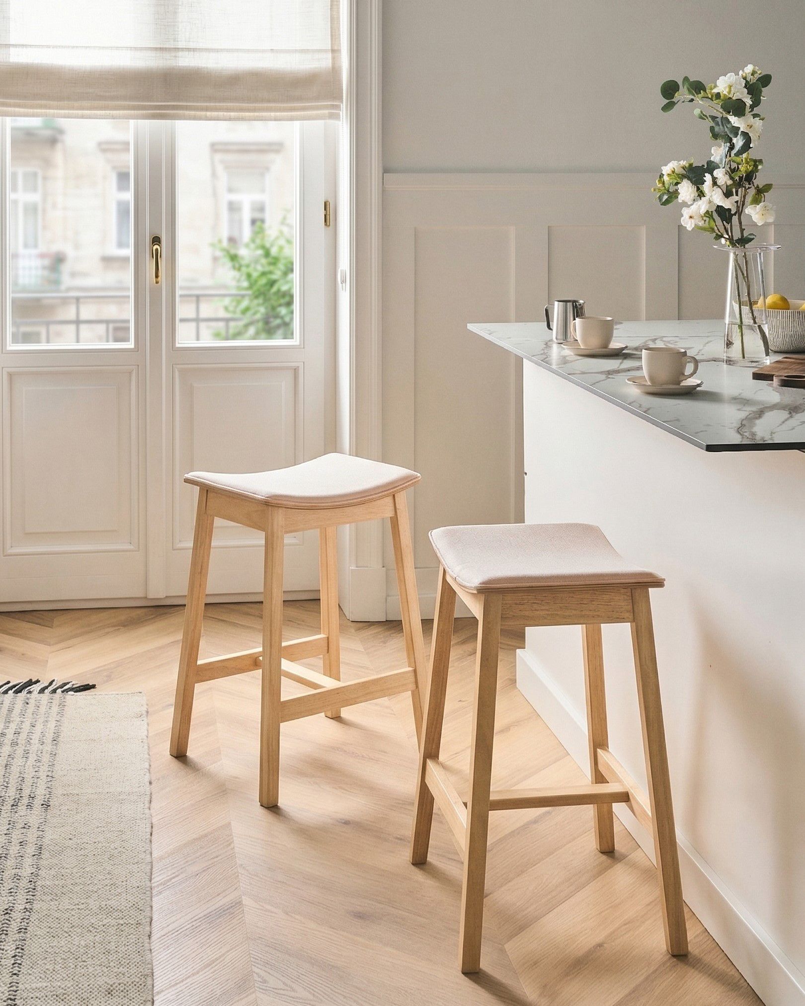 Set of 2 Bar Stools DIXON Wood Light Brown/ Off-White