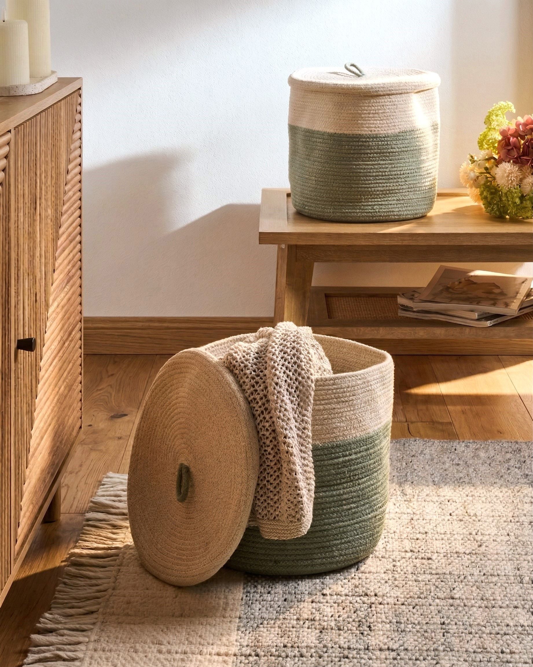 Set of 2 Baskets SILOPI Cotton Beige/ Green