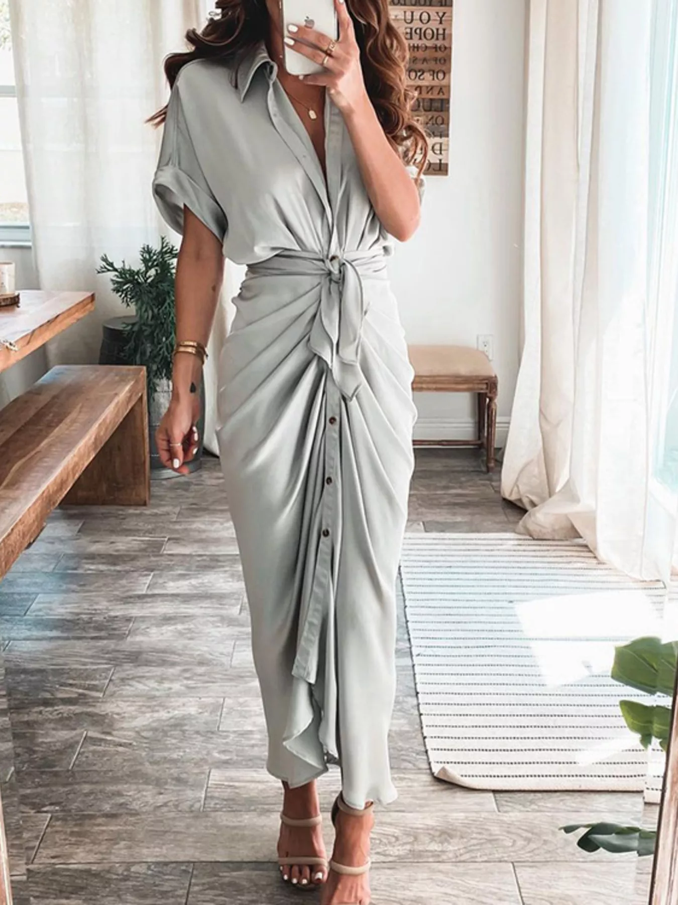 Tie-Waist Button-Down Midi Dress - ZKZOOK