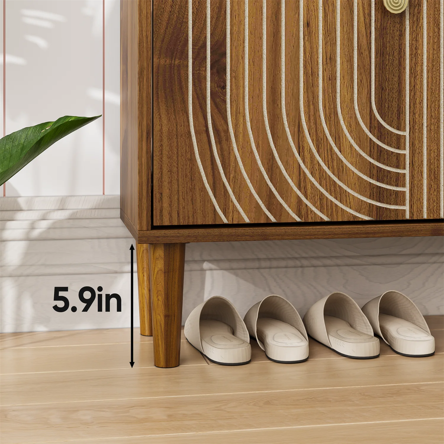 Hommoo 2 Flip Drawers Shoe Storage Cabinet, Freestanding Shoe Cabinet with Metal Handles & line groove design, Shoe Rack Cabinet, Walnut - Image 6