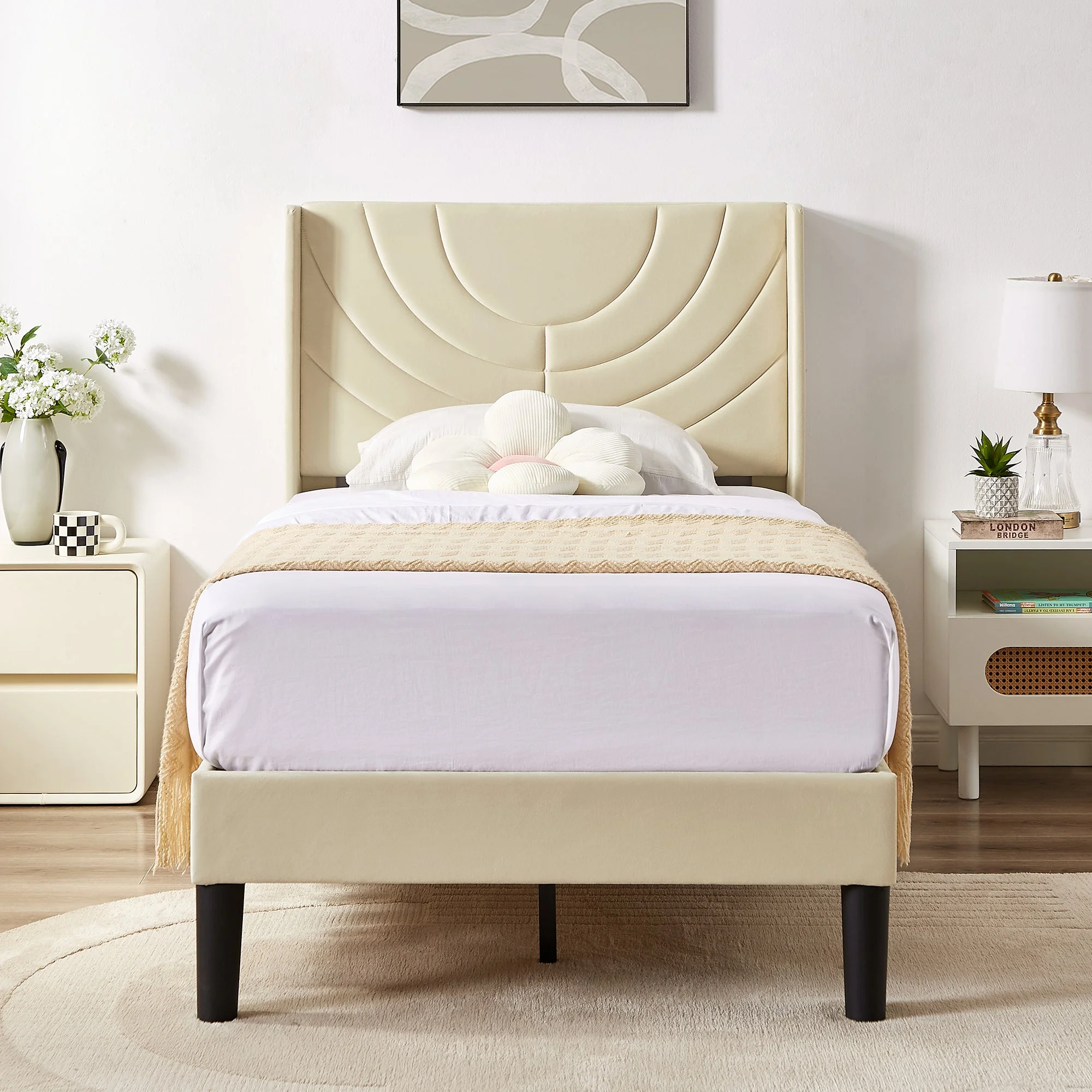 VECELO Set of 2 Twin Bed Frames, Modern Upholstered Platform Bed Frame with Tufted Headboard, No Box Spring Needed, Dark Green - Image 24
