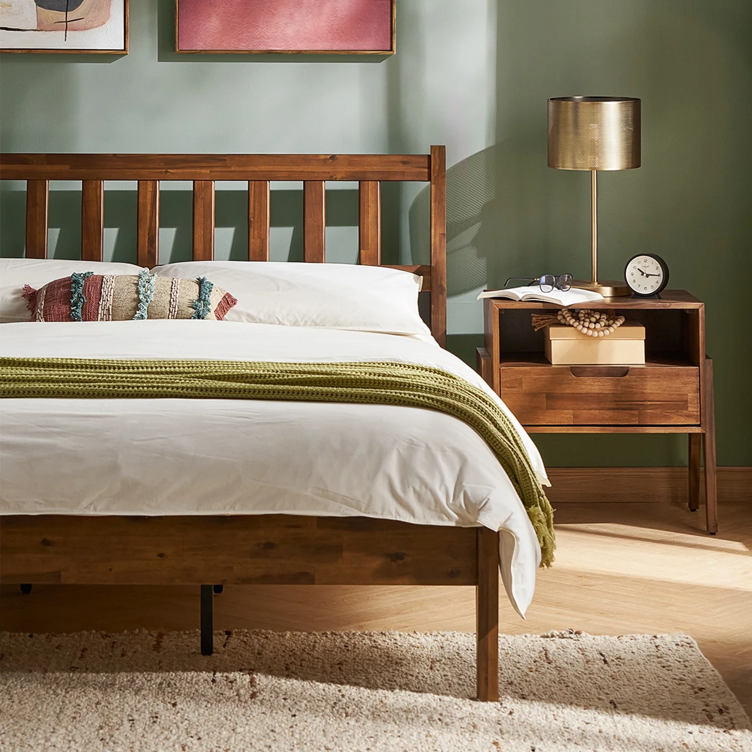 Mopio Ted Queen Bed Frame with Headboard, Full Size Bed Frame, Mid Century Modern Acacia Solid Wood Platform Bed Frame, Wooden Bed Slats, No Box Spring Needed, Double Metal Bar Support, Walnut - Image 2