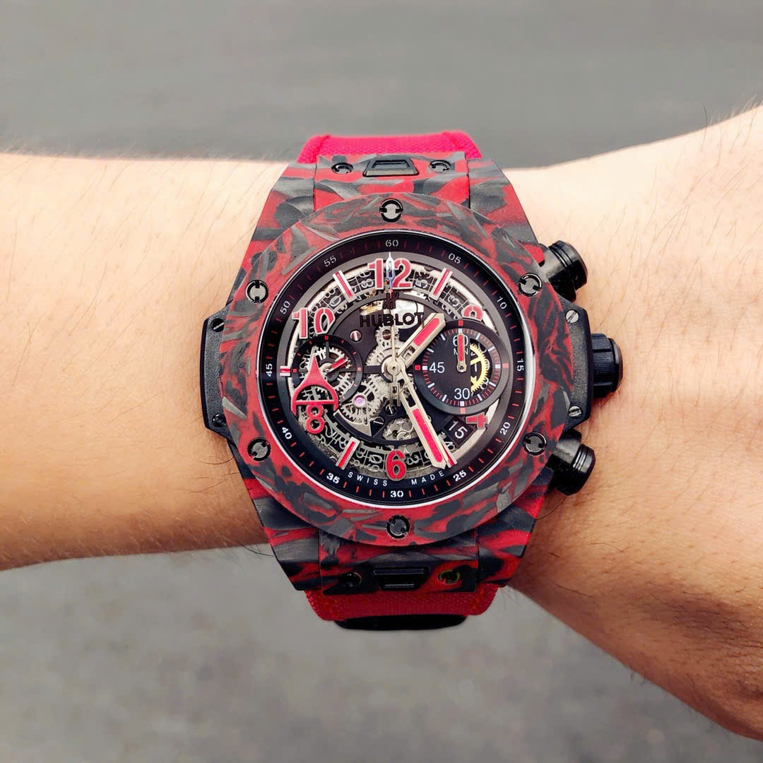 Hublot Big Bang Unico Red Carbon Replica Watches Best Quality Fabric Strap 45mm - Top club