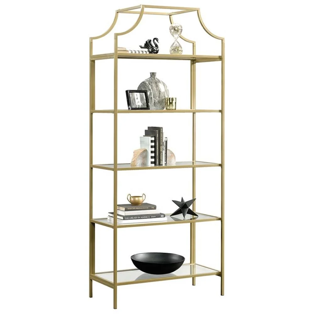 Pemberly Row 5-Shelf Modern Metal Bookcase in Gold Satin/Faux Deco Stone - Image 22