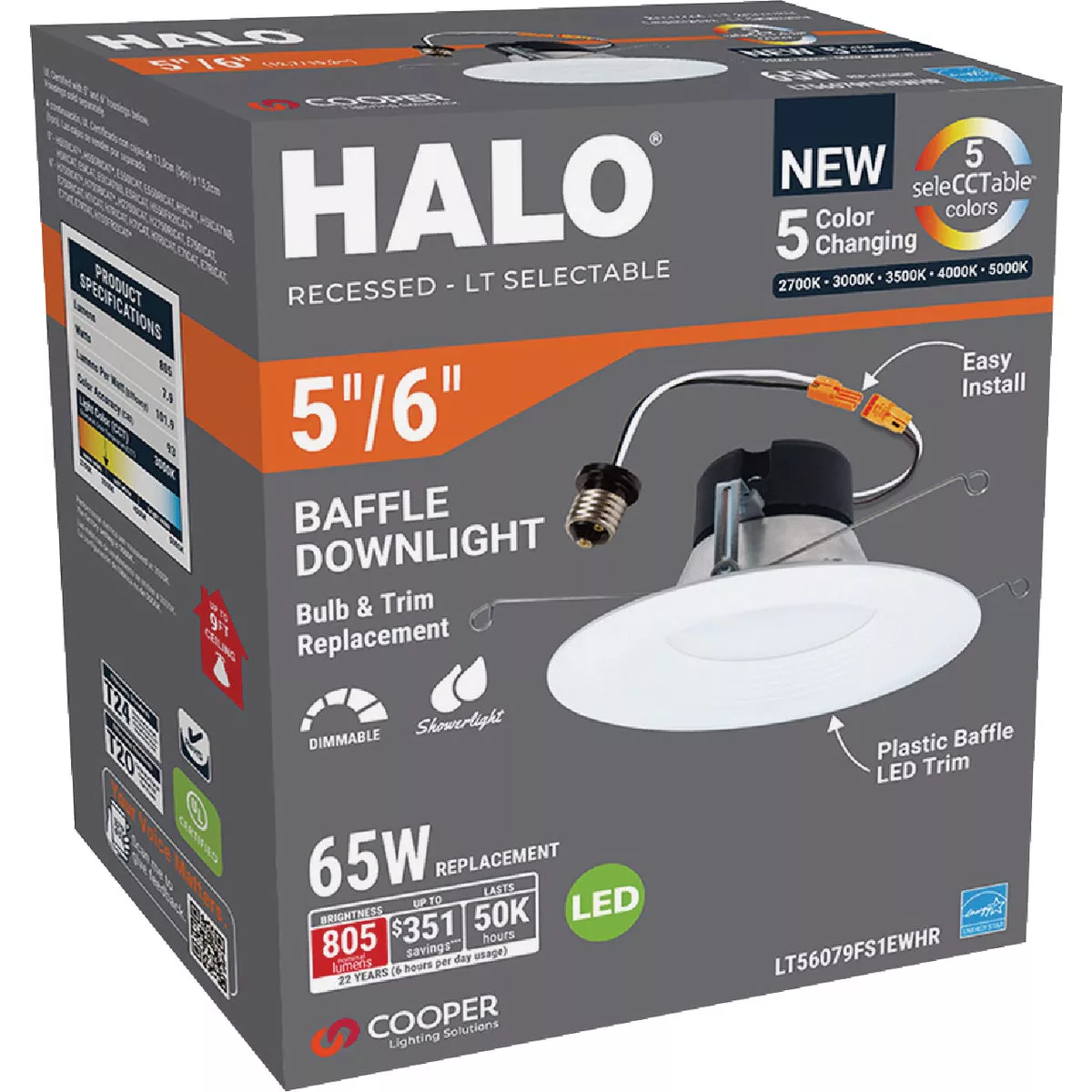 Halo LT 5/6 In. IC Rated 5CCT LED Recessed Light Kit, 700 Lm.