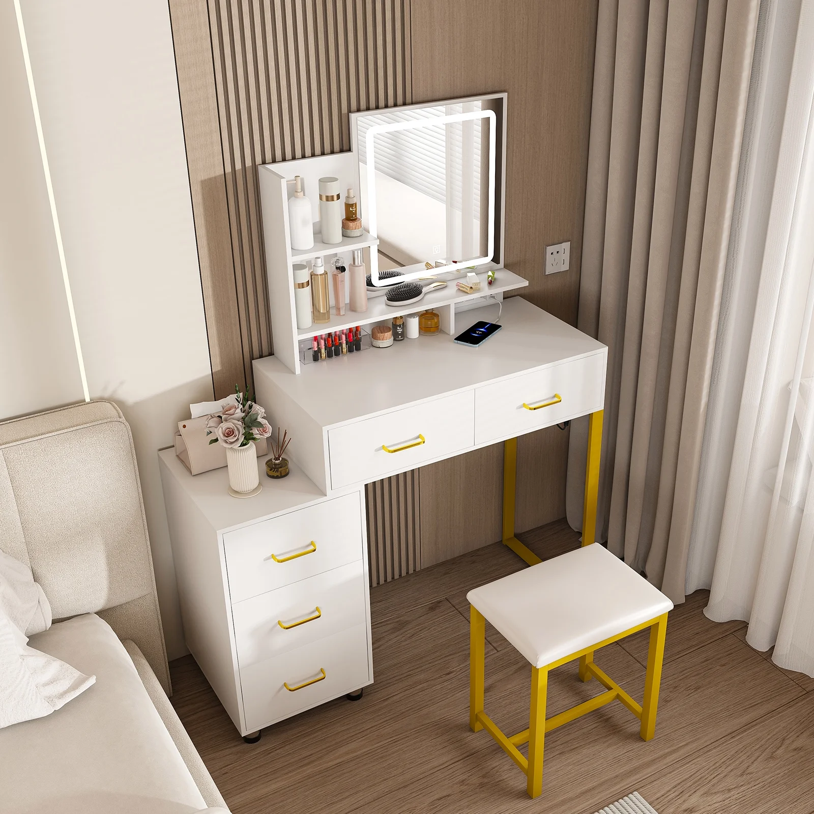 Montary Modern Mini Vanity w/Adjustable LED Mirror + Hidden Storage, Padded Stool & Dustproof Shelves (White) - Image 99