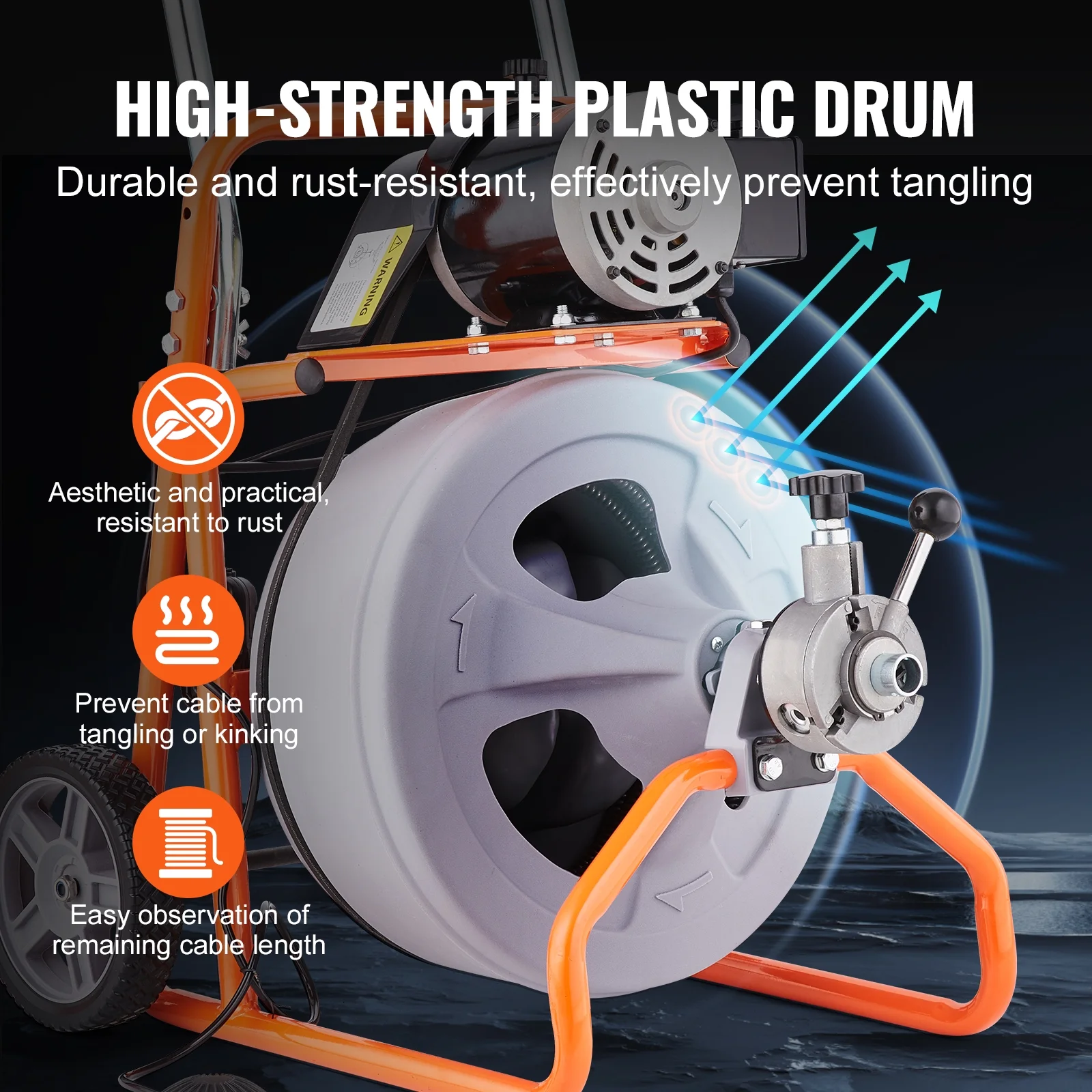 VEVOR Drain Cleaner Machine 100FT x 1/2 Inch, Auto Feed Sewer Snake Drain Auger on Wheels, Portable Drain Cleaning Machine with 8 Cutters & Air-activated Foot Switch for 2