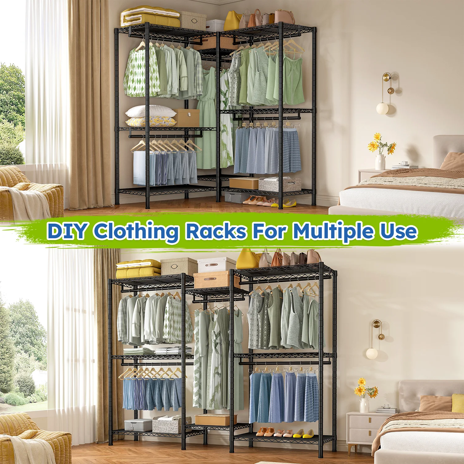 EnHomee Heavy Duty Clothes Rack with 5 Hanging Rods & 8 Shelves,Max Load 905 LBS Adjustable Metal Wardrobe Closet Organizer,Black