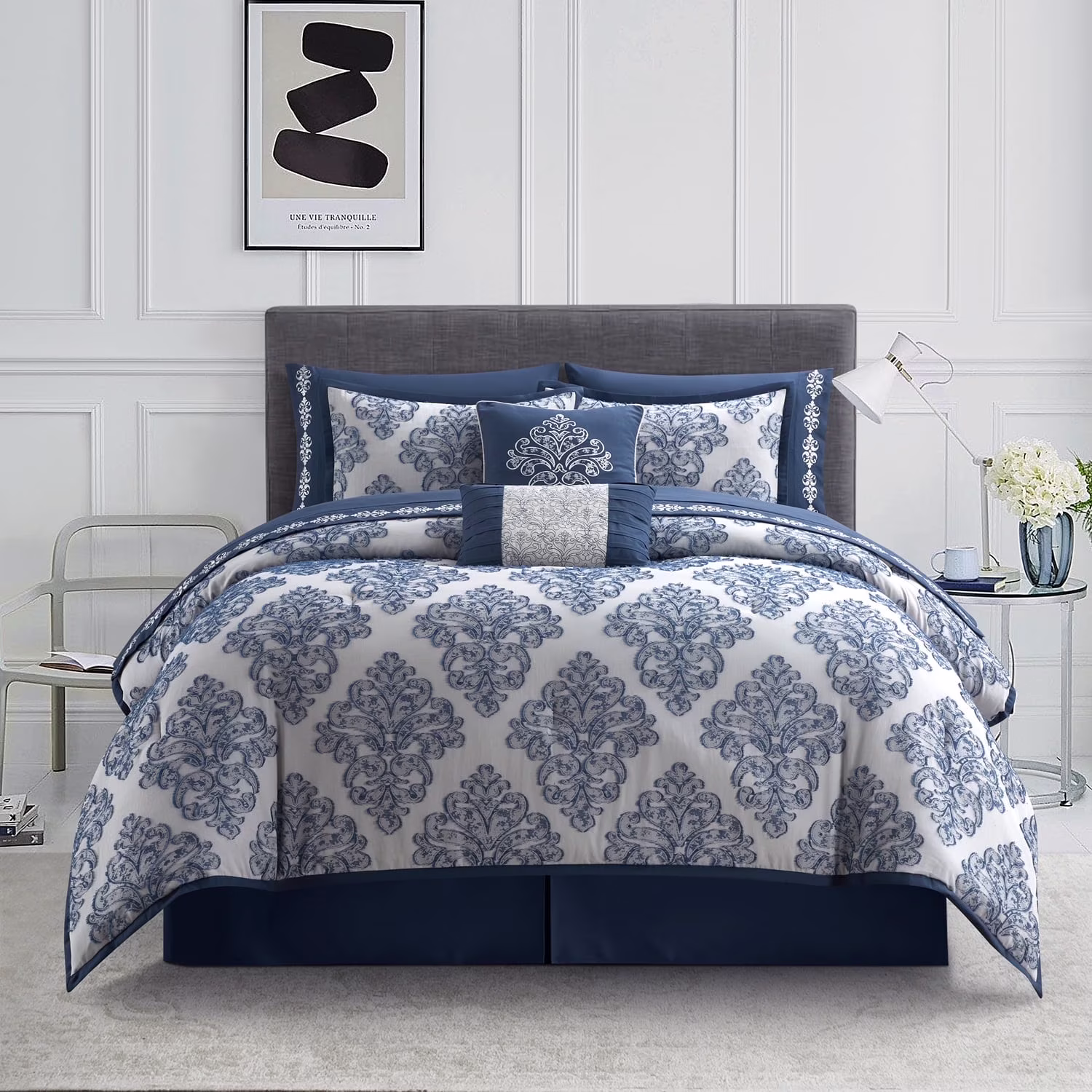 Lanco Smoke Grey Comforter Set California King Size, 9 Piece Jacquard Floral Bedding Set, All Season, Ultra-Soft, Matching Pillows & Shams, Bed Skirt - Image 5
