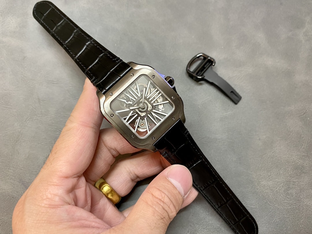 Fake Cartier watch Santos large model mechanical movement Black ADLC Steel Skeleton Dial WHSA0009 TWF(1:1 replica) - Top club