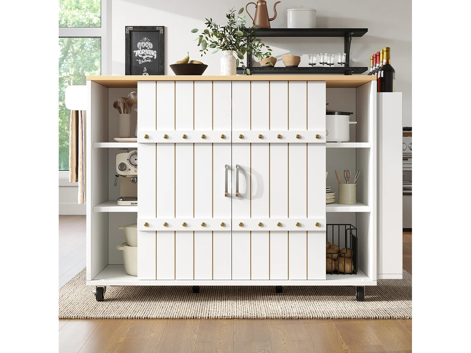 Desserte de cuisine mobile - Îlot de cuisine blanc avec porte coulissante et roulettes - plan de travail pliable - 3 tiroirs