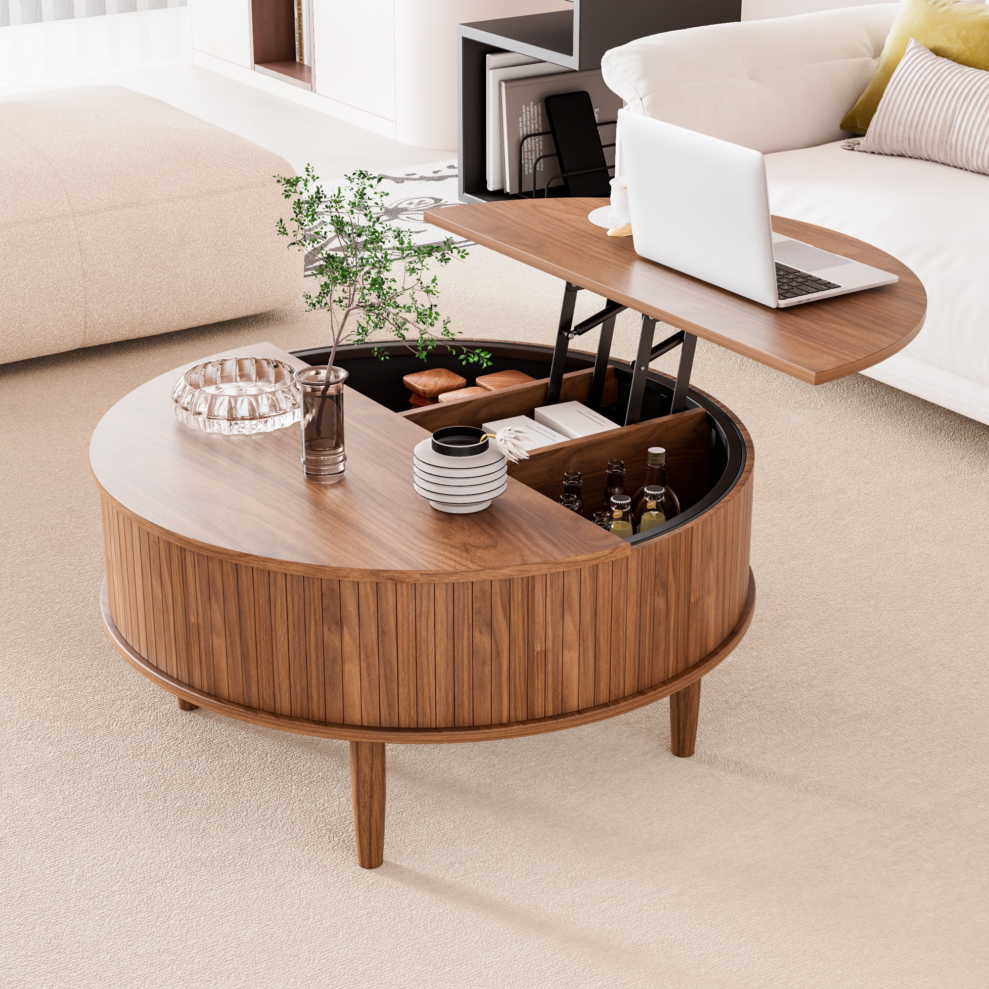 Oubayajia Round Coffee Table, Small Fluted Lift Top Center Table for Home Living Room Office, Walnut - Image 8