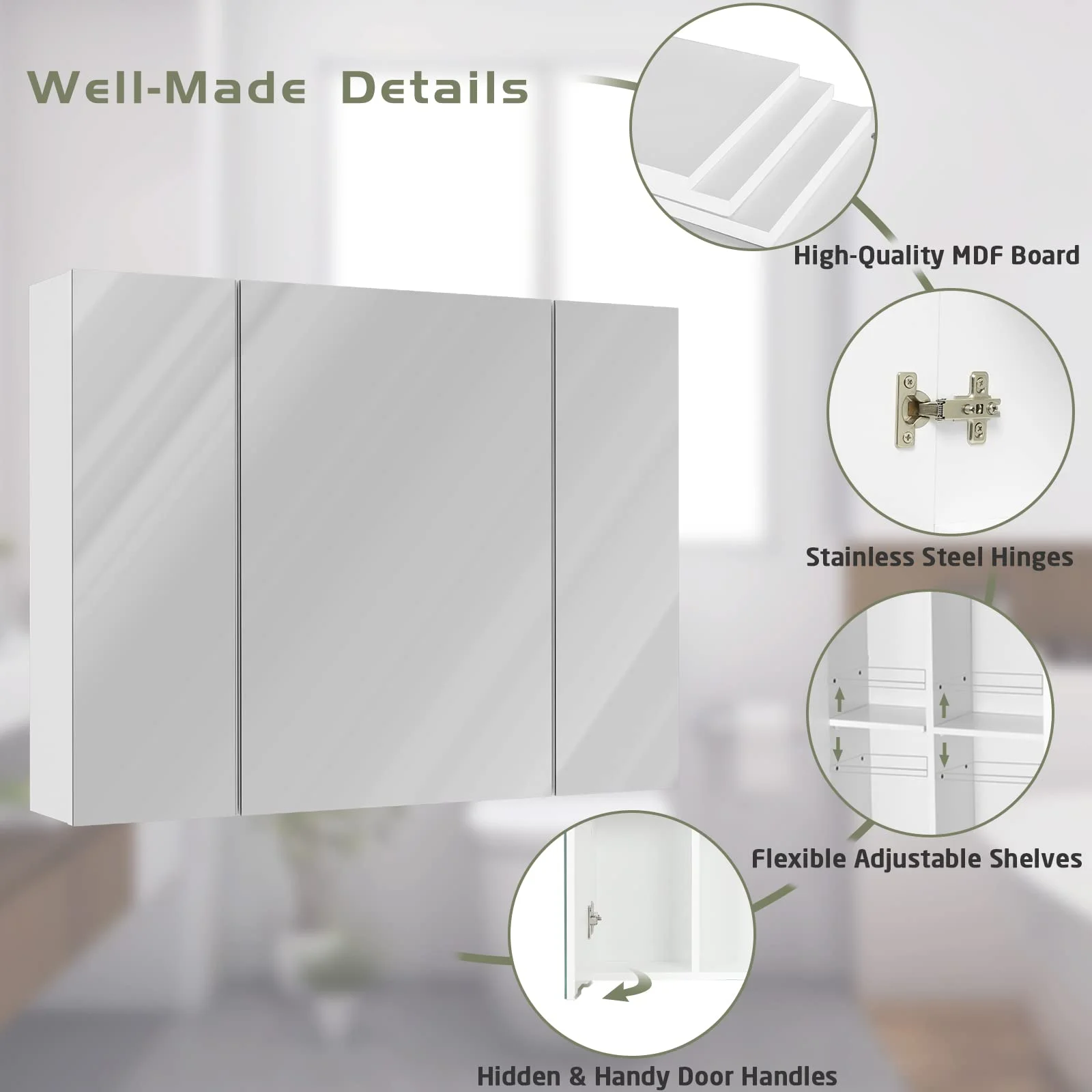 Medicine Cabinet Bathroom Wall Mirror Cabinet with 3 Door & 3 Adjustable Shelf, Multipurpose Storage Organizer for Kitchen Living Room, White