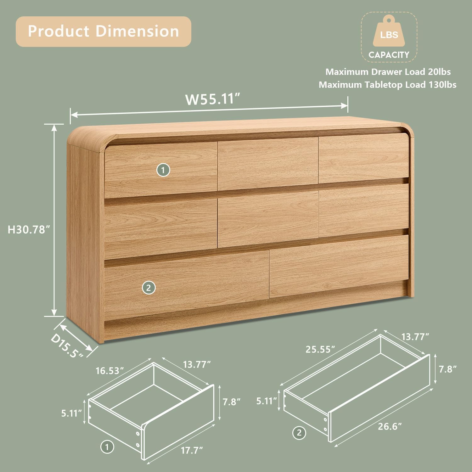 Modern 8 Drawers Dresser for Bedroom, 55