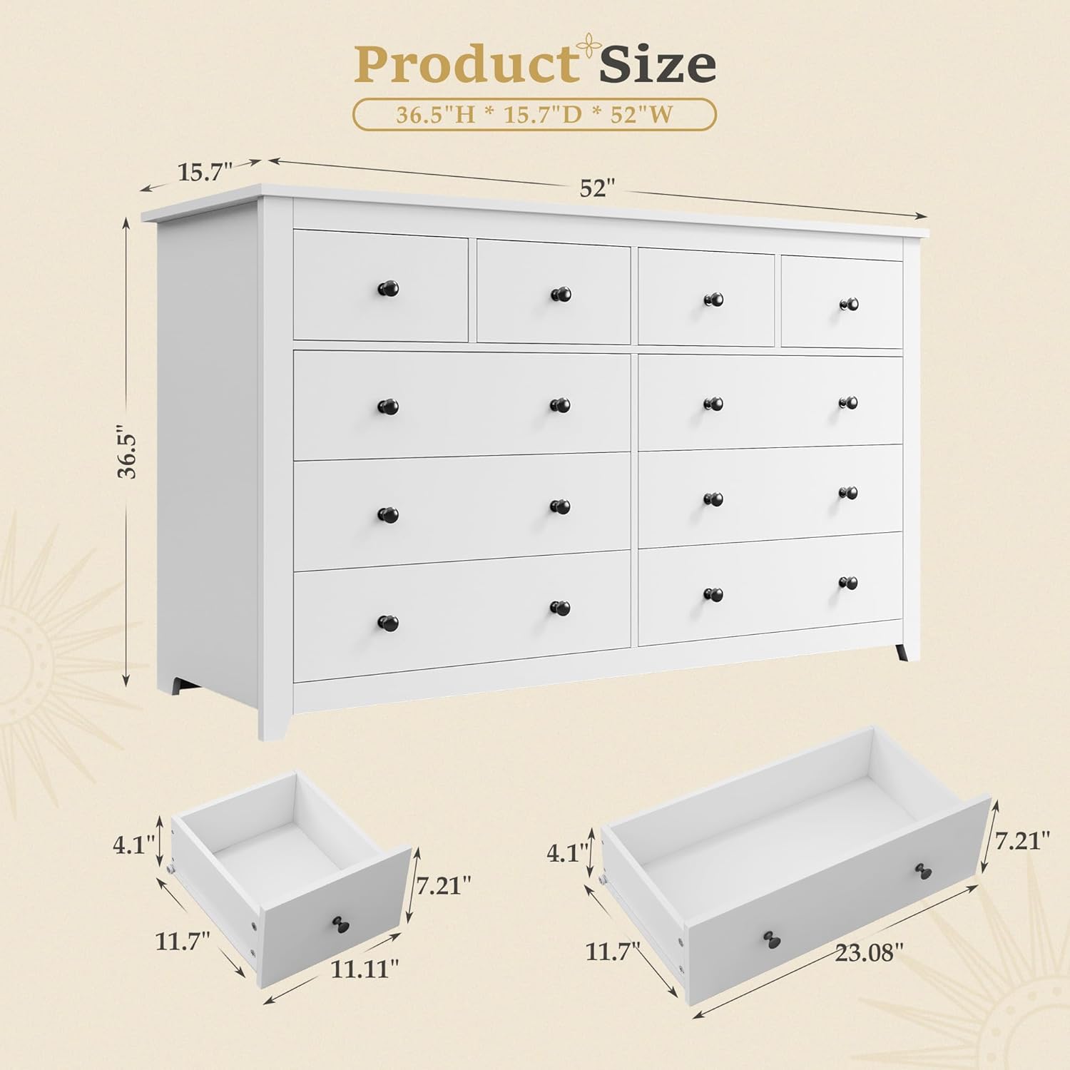 White Dresser for Bedroom with 10 Spacious Drawers Large Wood Dresser TV Stand for Bedroom Modern Chest of Drawers for Living Room Hallway Entryway, Smooth Slide, 15.7