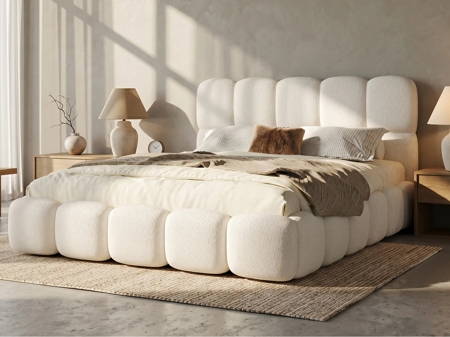 Lit double coffre capitonné 160x200 cm - avec sommier à lattes - tissu bouclé - blanc (matelas non inclus)