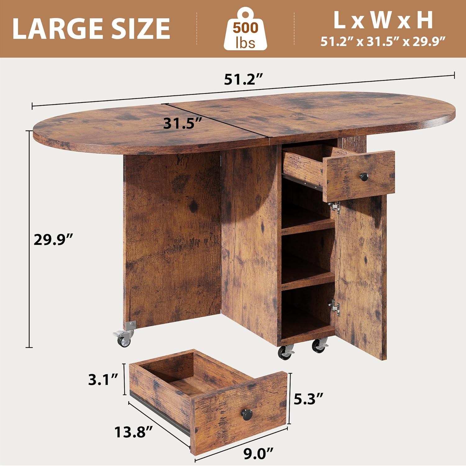 Jocoevol Round Folding Dining Table for 6, Space Saving Drop Leaf Kitchen Table with Storage Drawer, 6 Wheels Oval Gateleg Foldable Dining Table for Small Spaces (Vintage, 51