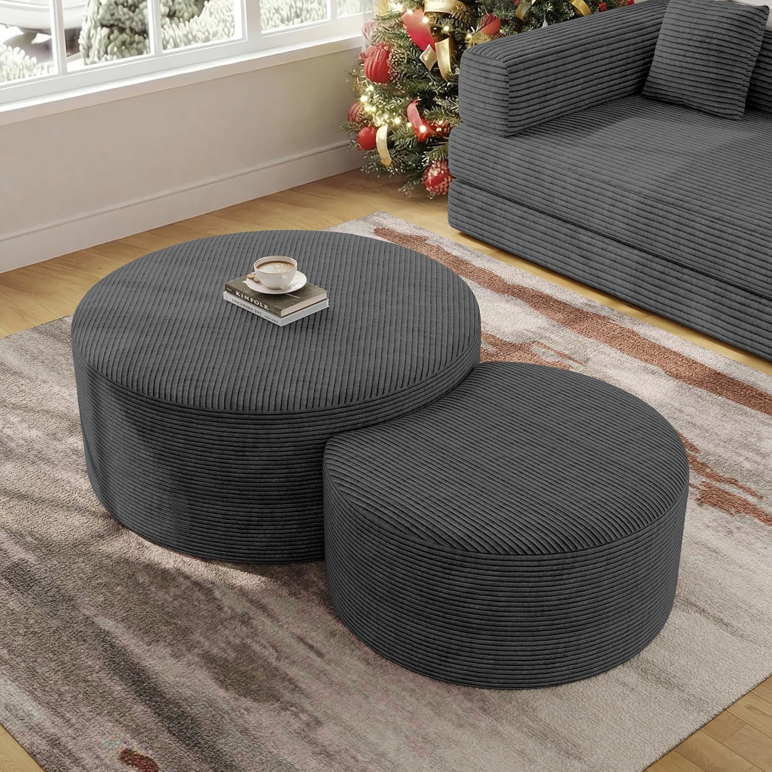 BSHOMGI Nesting Coffee Table Set of 2, Round Corduroy Modular Sectional Sofa Stool Circle Foam Side Table for Living Room, Entryway and Small Spaces No Assembly (Dark Gray, 32