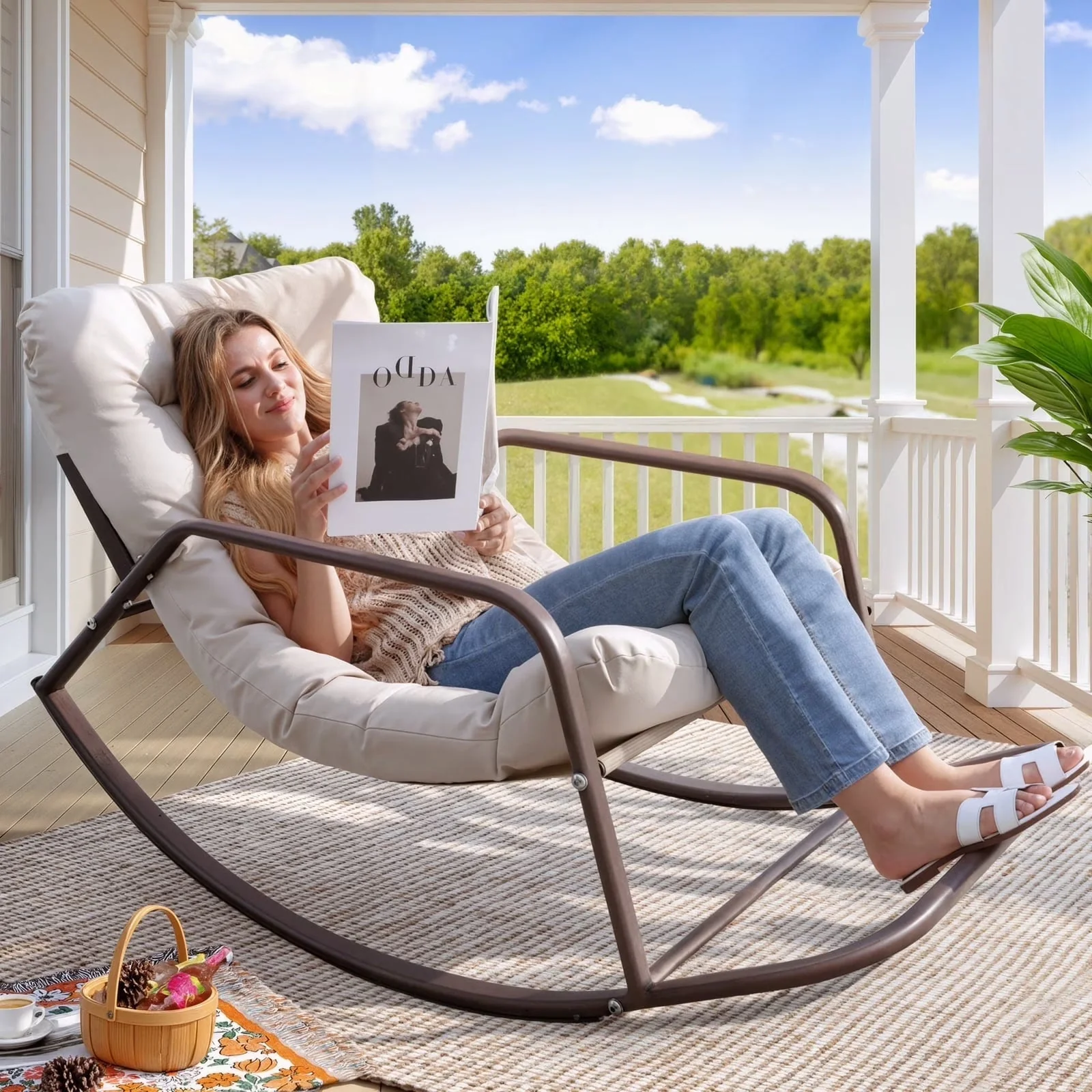 RADIATA Oversized Wicker Papasan Rocking Recliner With Footrest, 450 lbs, Beige RADIATA Oversized Wicker Papasan Rocking Recliner With Footrest, 450 lbs, Beige