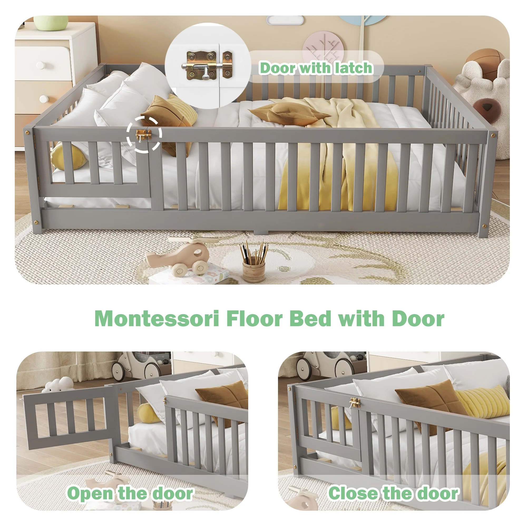 Bellemave Full Size Floor Bed with Door and Fence Floor Bed with Bed Slats Sturdy Wood Floor Bed Montessori Bed Frame (Full, Pink) - Image 25