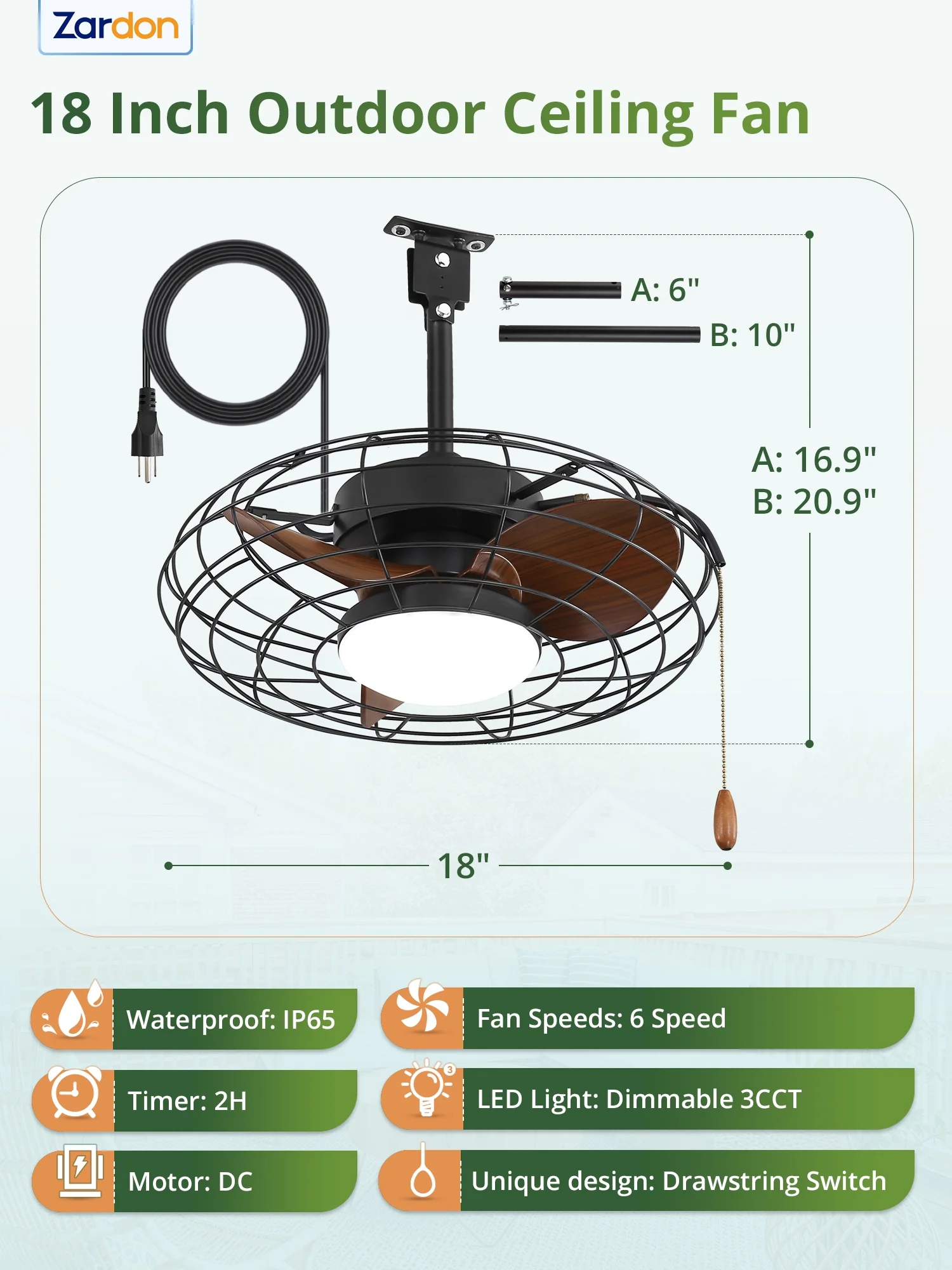 Zardon 20" Outdoor Ceiling Fan with Light and Remote, 7 Blades Caged Waterproof Gazebo Fan for Patio, Porch, Pergola Canopy, App Control - Image 21